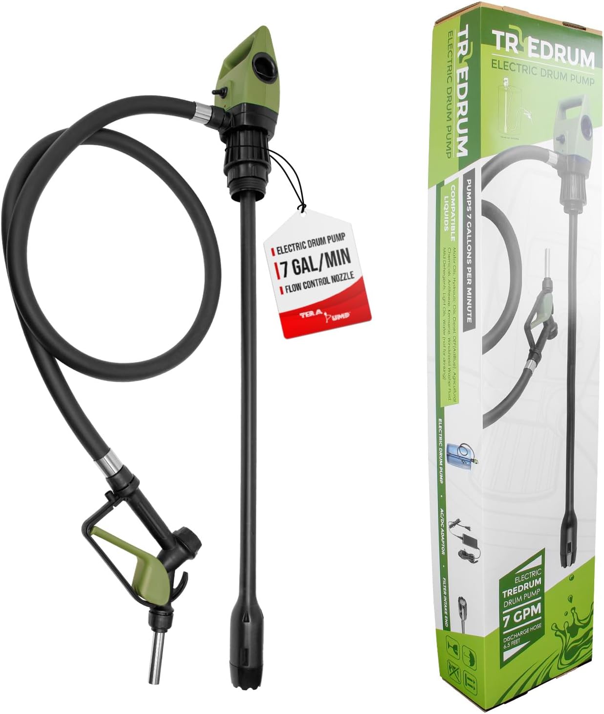 TERA PUMP Electric Drum Barrel Siphon for 55 Gallon Drums with Corrugated P.E. Discharge Hose with Easy Squeeze Nozzle (7.6 Gallon/Min)