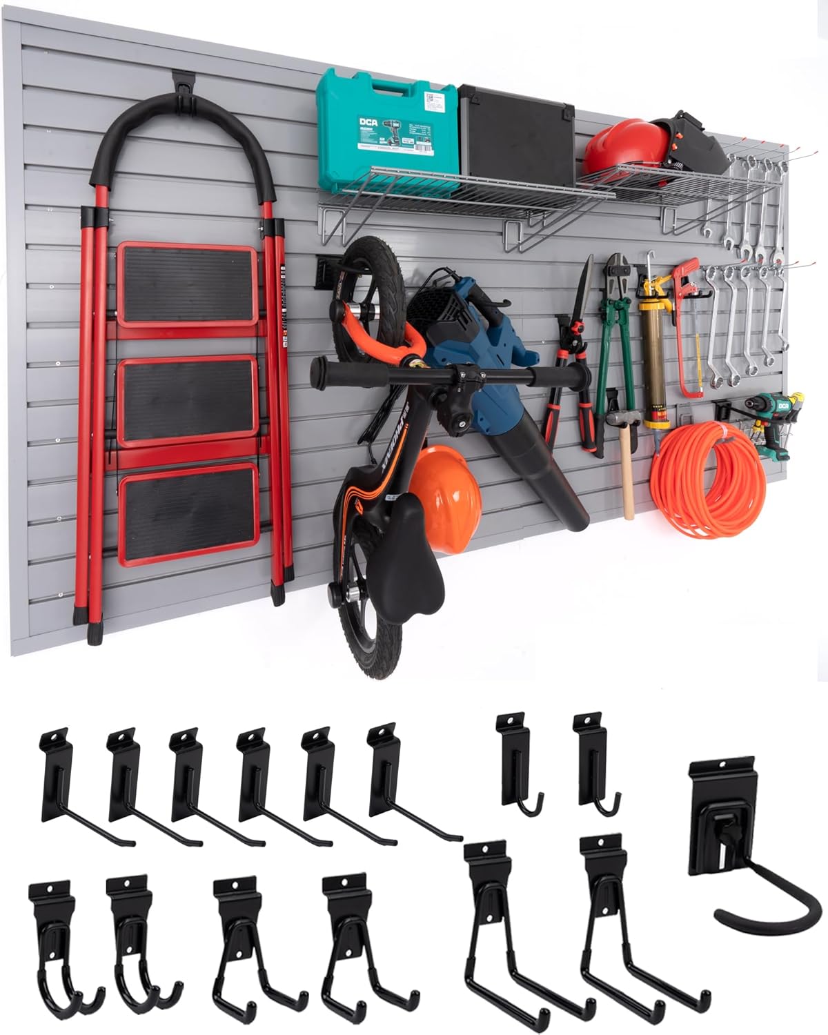Slat Wall Paneling Garage Slat Wall Storage Systems with 15 Slatwall Hooks, 4' x8' Slatted Panels with Accessories Grey Garage Organizer PVC Slatwall Panels for Retail Display, Bike Storage Rack