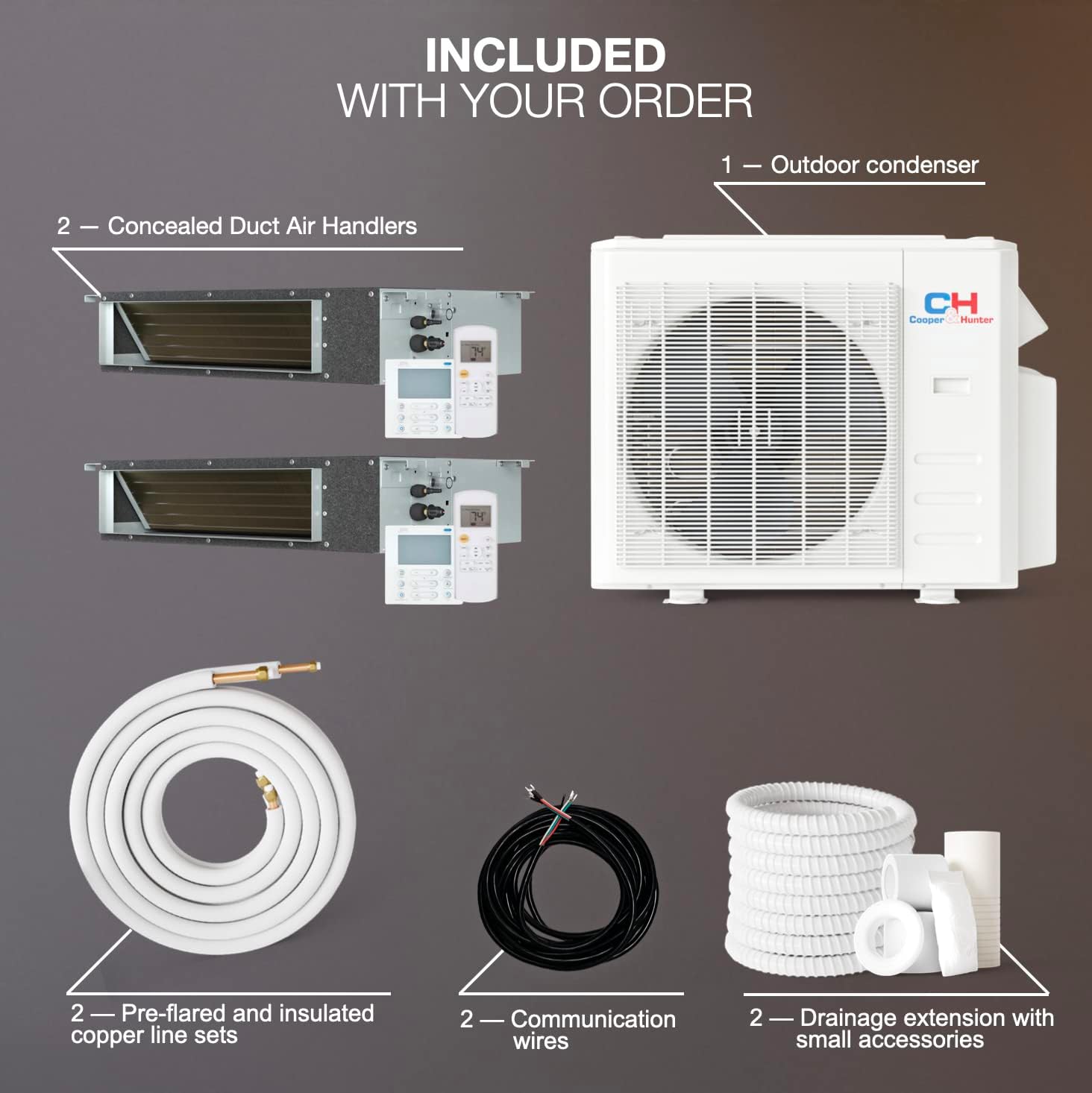 Cooper & Hunter 18,000 BTU 2-Zone Concealed Ducted Mini Split Air Conditioner & Heat Pump – 9K+9K Slim Duct Air Handlers – 22.9 SEER2 Inverter System – 25FT Installation Kits – 230V