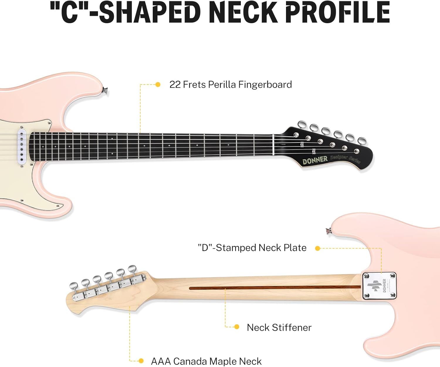 Donner 39 Inch Electric Guitar, Designer Series DST-200 Stylish Solid Body Electric Guitar for Beginner Intermediate & Pro Players, Single Coil Split System, Bonus Bag, Cable, Strap Blossom Pink