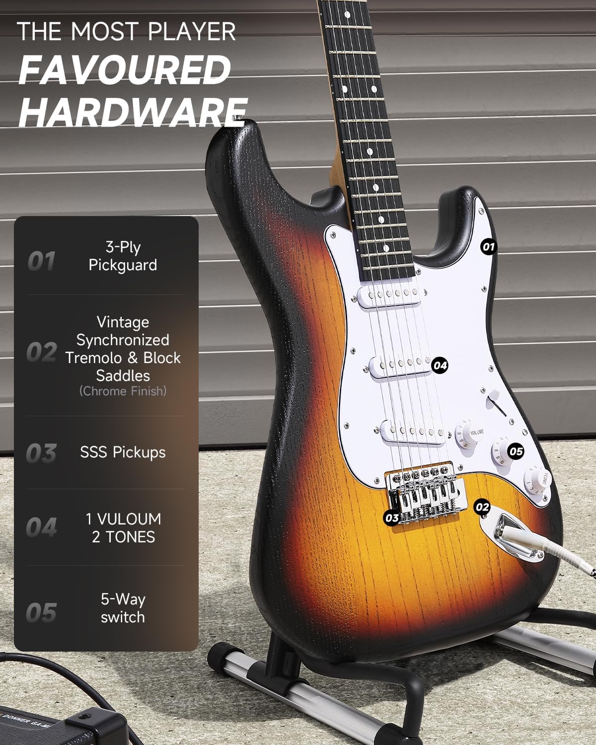 DONNER DST-80 Electric Guitar 39” Beginner Electric Guitar Kit with Amp, Classic SSS Pickup Complete with Gig Bag, Tuner, Capo, Strap, Picks, and Free Online Lessons