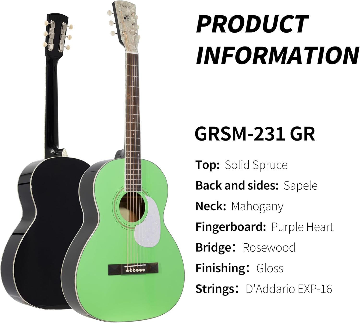 TARIO 38'' Acoustic Guitar parlor guitar Solid Spruce Top Mahogany Back and Sides Okoume Neck mint green