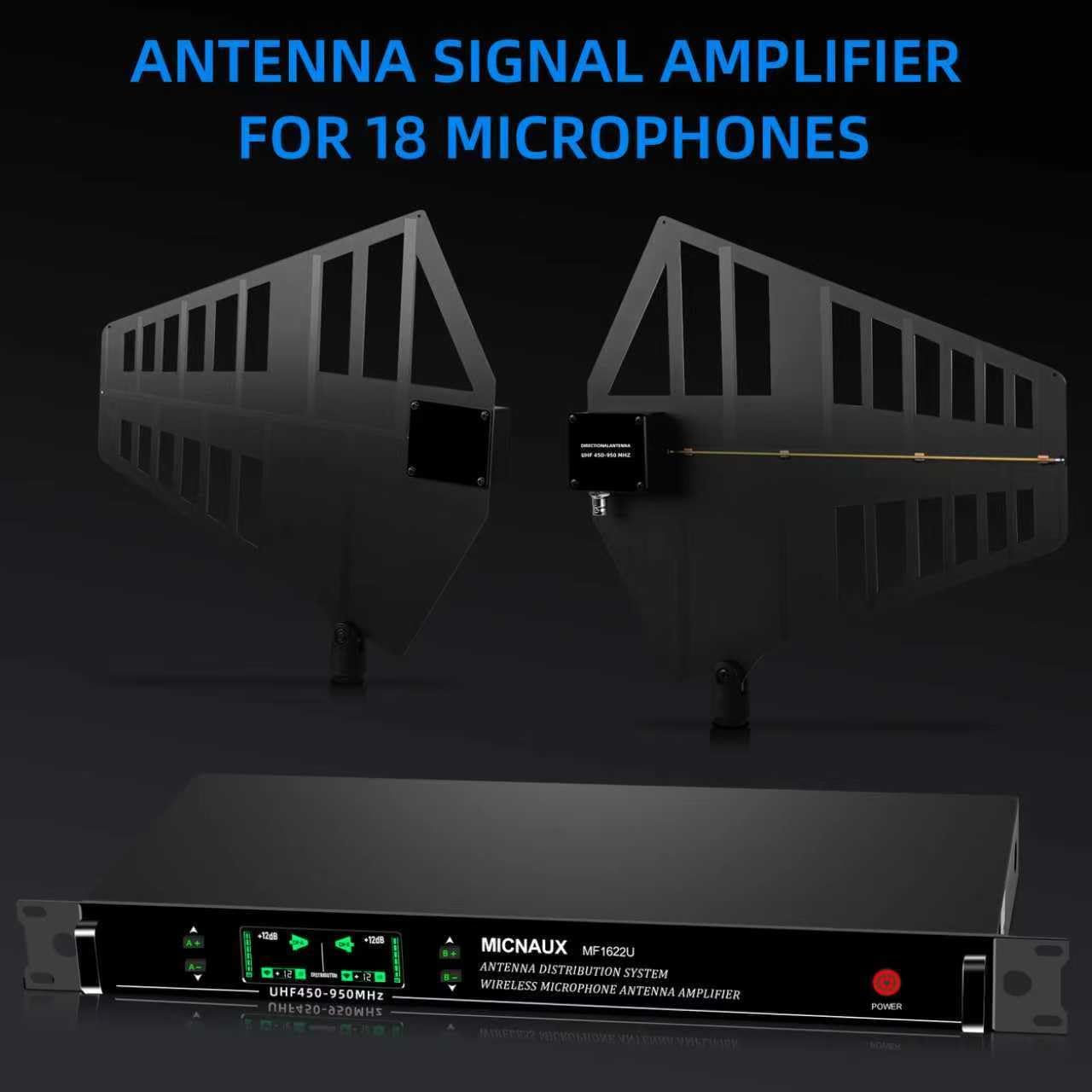 Wireless Antenna Distribution Combiner System, 18 Channels UHF Active Directional Receiver w/ 16 Outputs + 2 Cascade Ports, Microphone Signal Amplifier with Paddle for Stages, Live Shows - 984ft Range