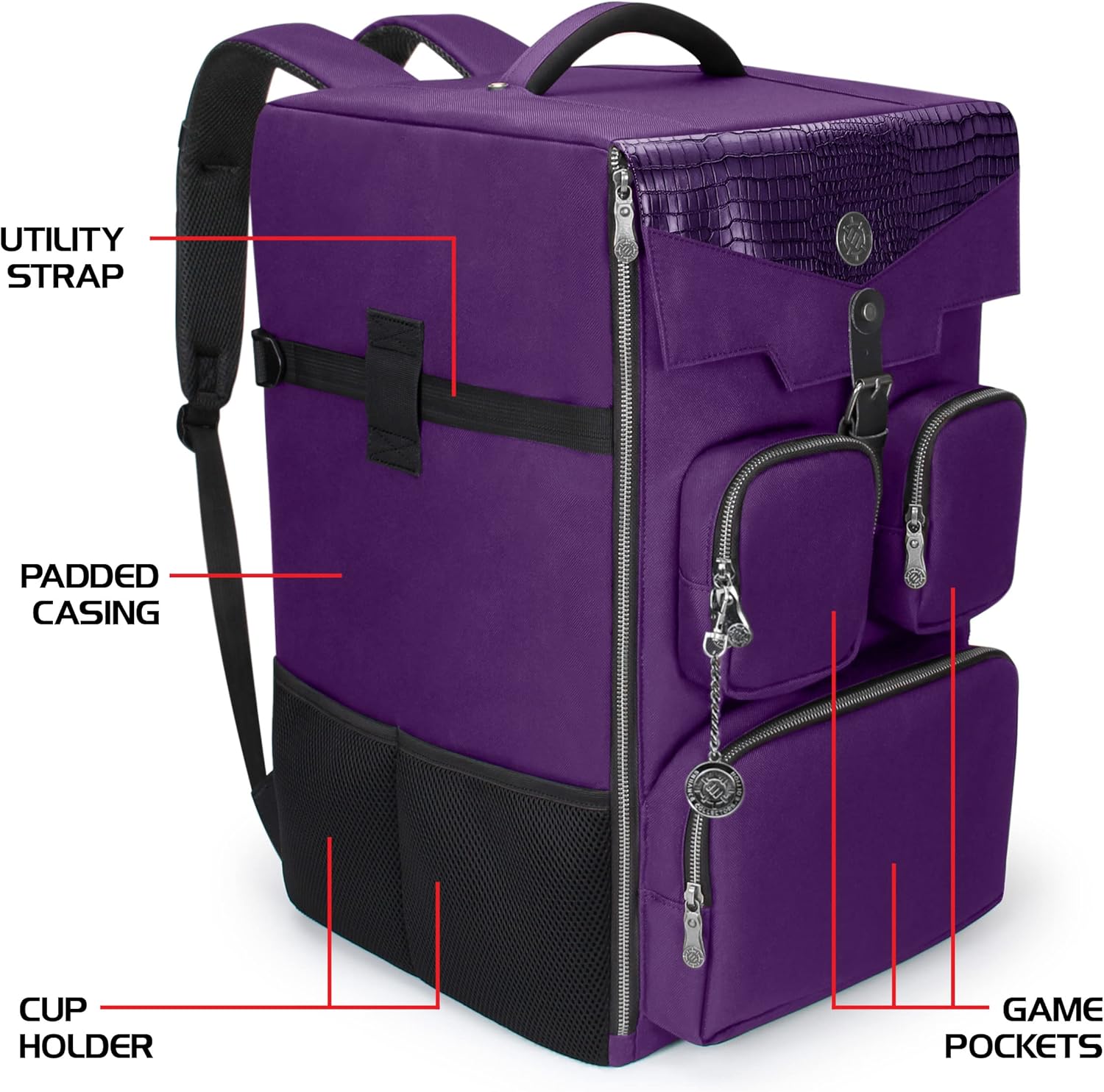 ENHANCE Collector's Edition Board Game Backpack - Reinforced Rigid Board Game Storage with Padded Shoulder Straps, Carrying Handle, and Accessories Pockets for Dice, Card Games, More (Dragon Purple)
