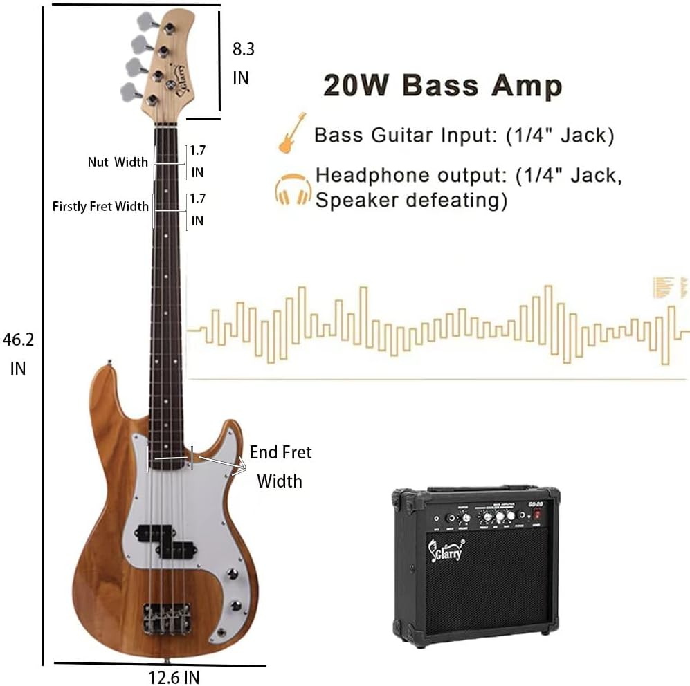 Glarry P Electric Bass Guitar Exquisite Full Size 4 String Guitar with AMP, Beginner Bass with Guitar Bag, Power Line & Wrench Tool (Dark Burlywood)