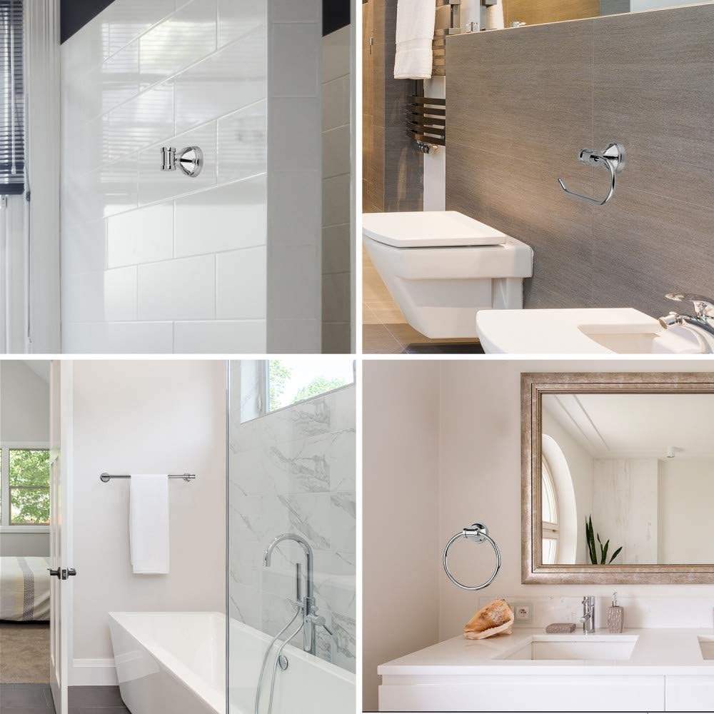 Globe Electric 51414 Freya 5-Piece All-in-One Bathroom Set, 3 Vanity Light with White Shades, Bar, Towel Ring, Robe Hook, Toilet Paper Holder, Chrome with Frosted Glass