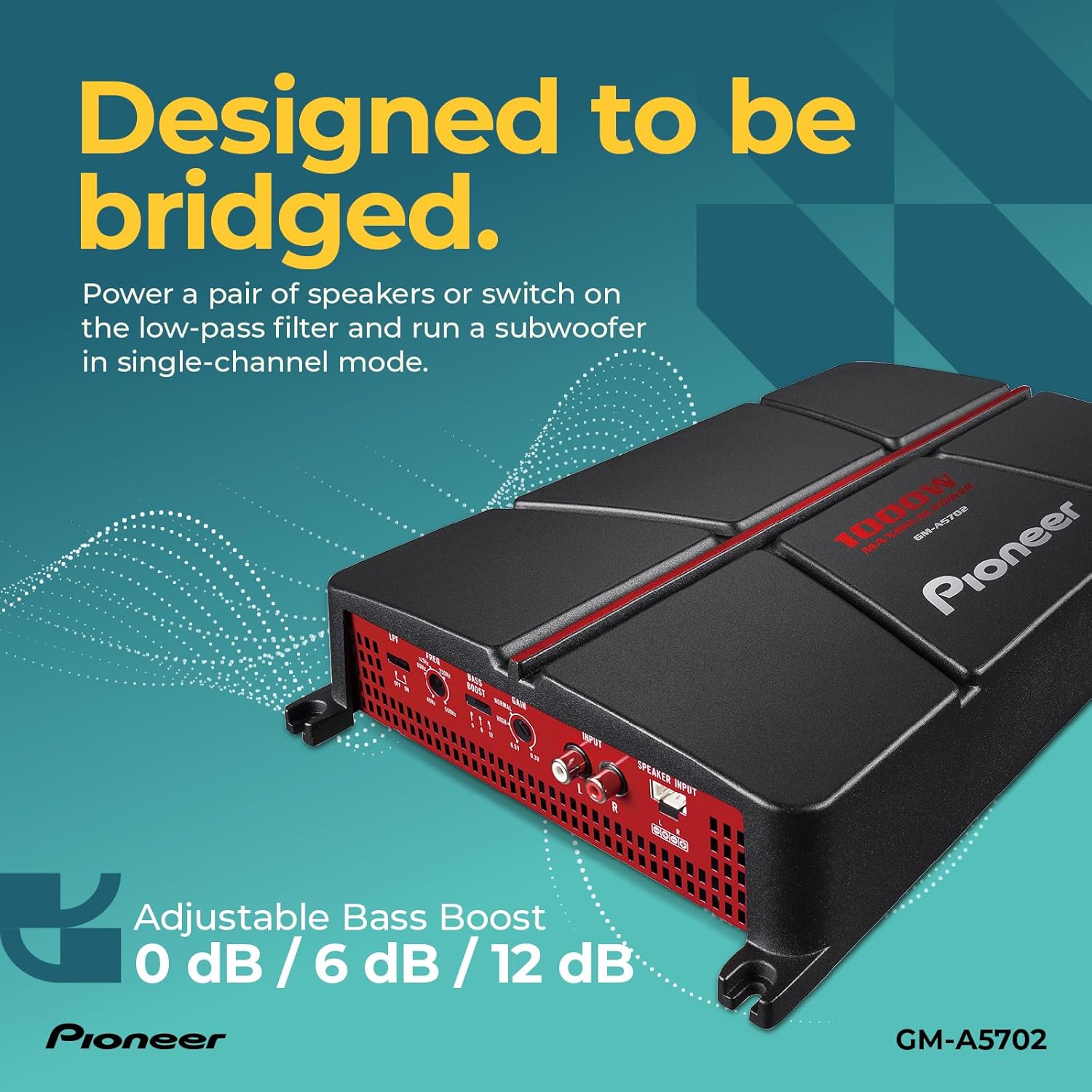 Pioneer GM-A5702 2-Channel Car Amplifier – 1000W Max, Class AB, Bridgeable Design, Bridgeable, Variable Filters, High Power