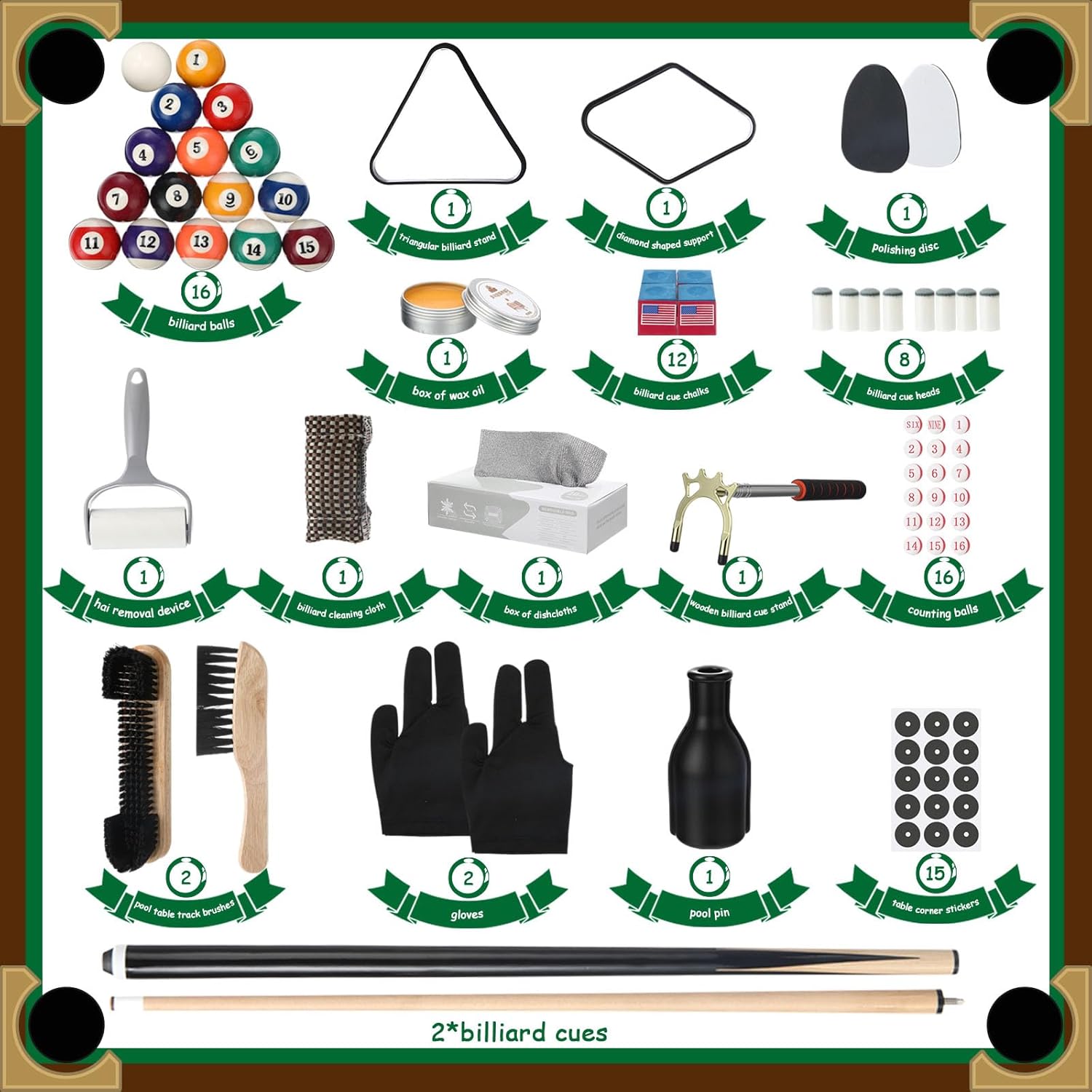 Vinsot 100 Pieces Pool Table Accessories, 16 Billiard Balls, 2 Sets of Pool Cues, Triangular Diamond Ball Rack, Cue Chalk, Cue Heads and Ball Brush Set and Other Billiard Accessories
