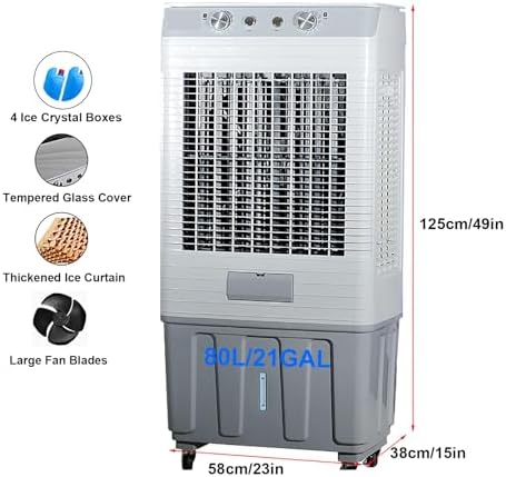 Evaporative Air Cooler, 3-in-1 Portable Air Conditioner, 21 Gal Swamp Cooler with 120° Oscillation, 4 Ice Pack, 3 Speeds Cooling Fan for Supermarket, Factory Floor