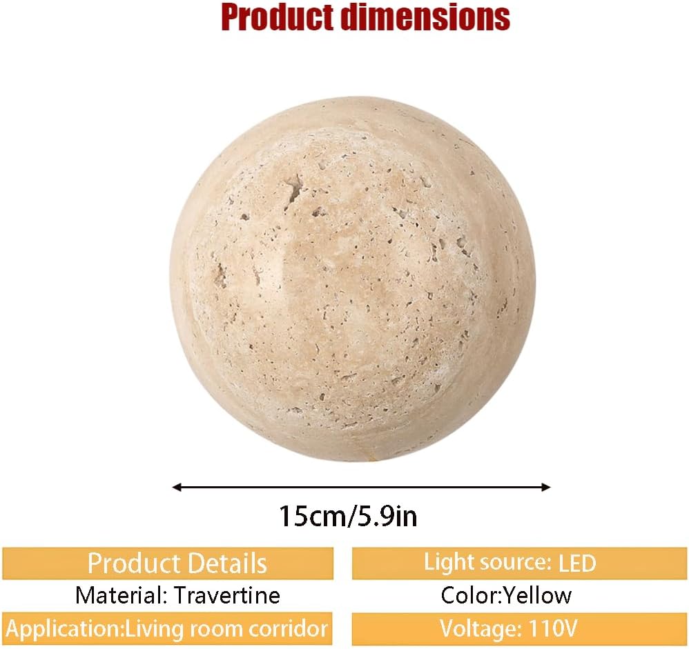 5.9in Round Natural Stone Shade Wall Light Corner Porch Wall Sconce LED Modern Wall Lamp Vintage Japanese Wabi Sabi Bedside Wall Lights Fixtures for Porch Workshop Kitchen Living Room