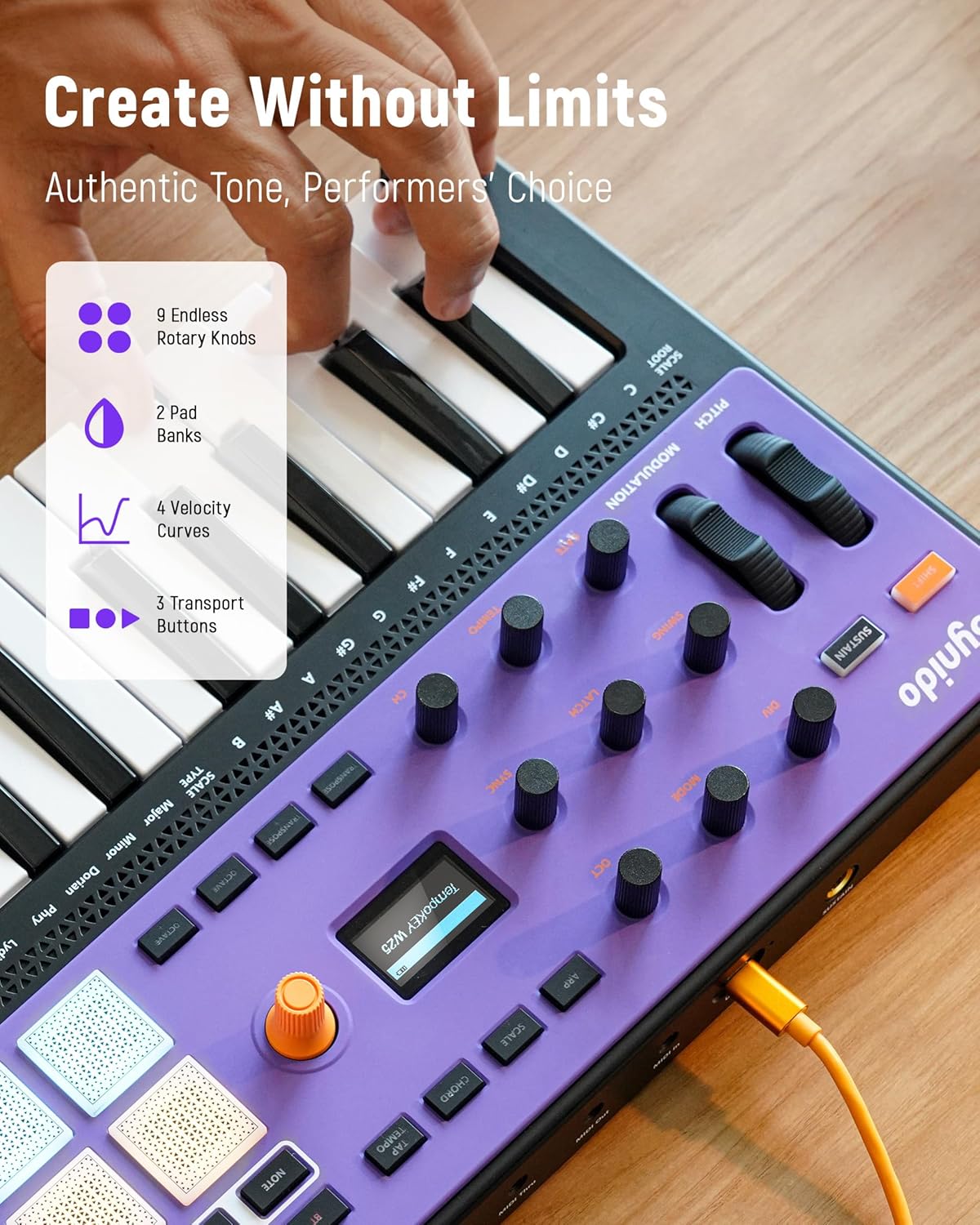 Synido 25 Keys Wireless USB C MIDI Controller Keyboard and 64 Velocity Sensitive RGB Pads