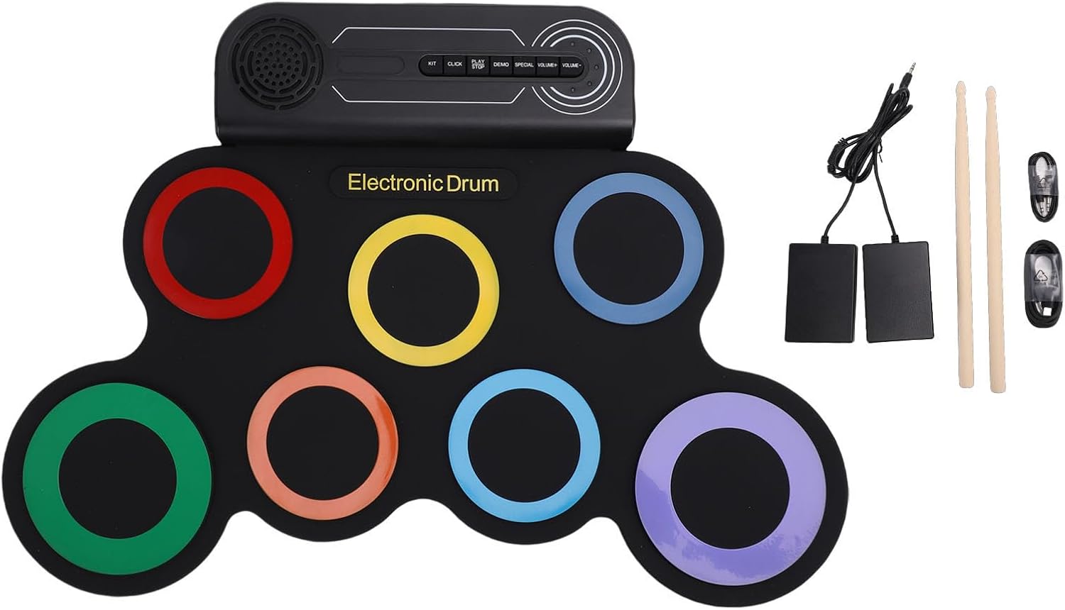 Jiawu Electronic Drum Set, 7 Pads Roll Up Electric Drum Pad Built in Speaker, Portable Drumming Practice Pad Machine with Pedals and Sticks, 10 Hours Playtime for Beginners