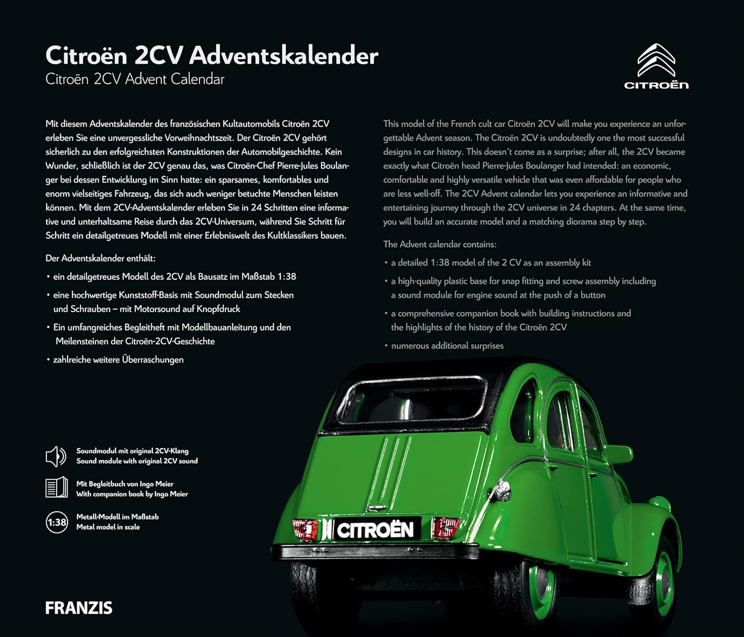 FRANZIS 55154 Citroen 2CV Advent Calendar Green Metal Model Kit in Scale 1:32 Includes Sound Module and 50 Page Accompaniment Book