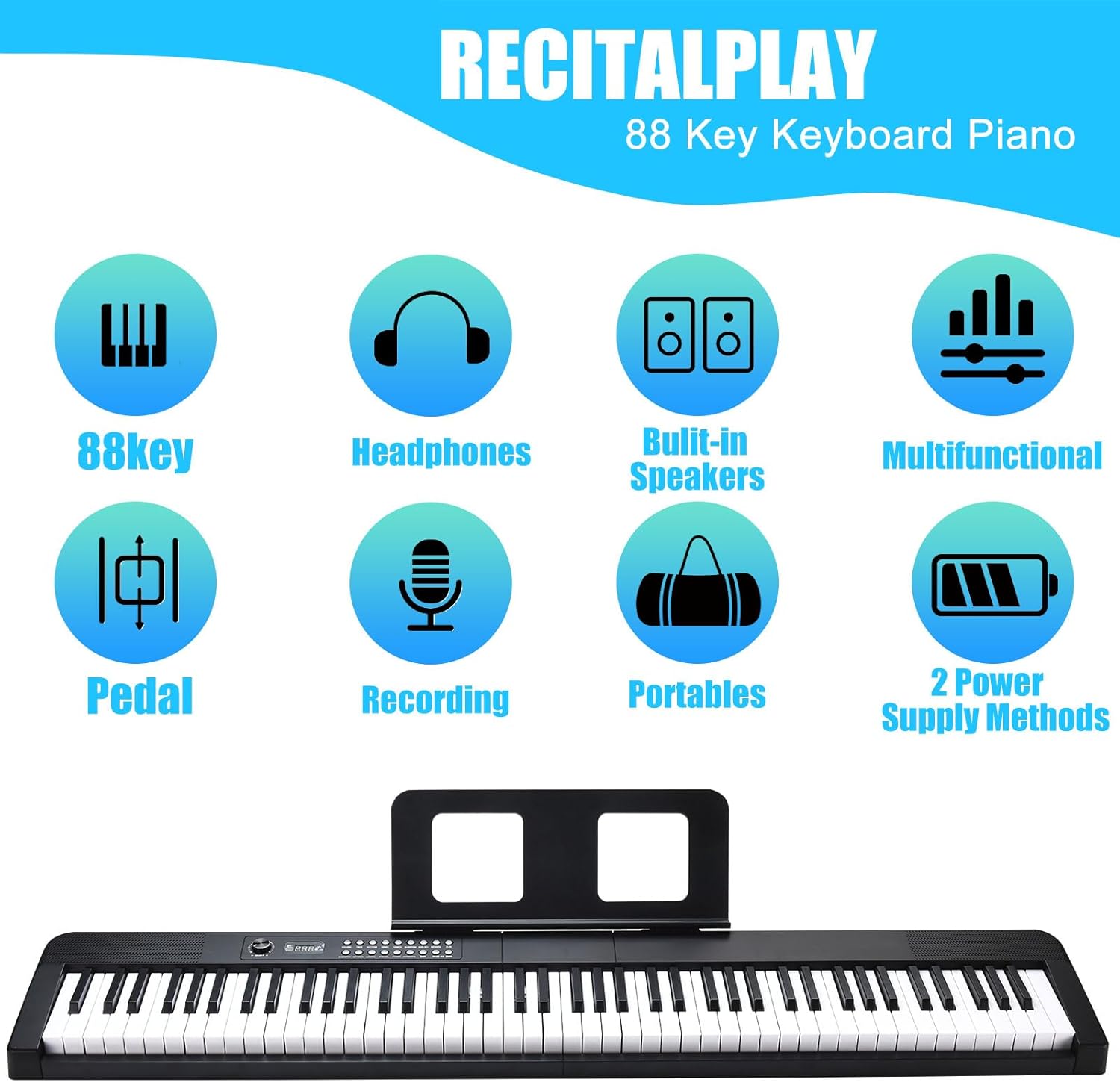 88 Key Keyboard Piano, Semi Weighted Electronic Digital Piano with Music Stand, Power Supply, Sustain Pedal, Stand, Bluetooth, Carrying Case, Headphones, USB-MIDI, Piano Lessons for Beginners