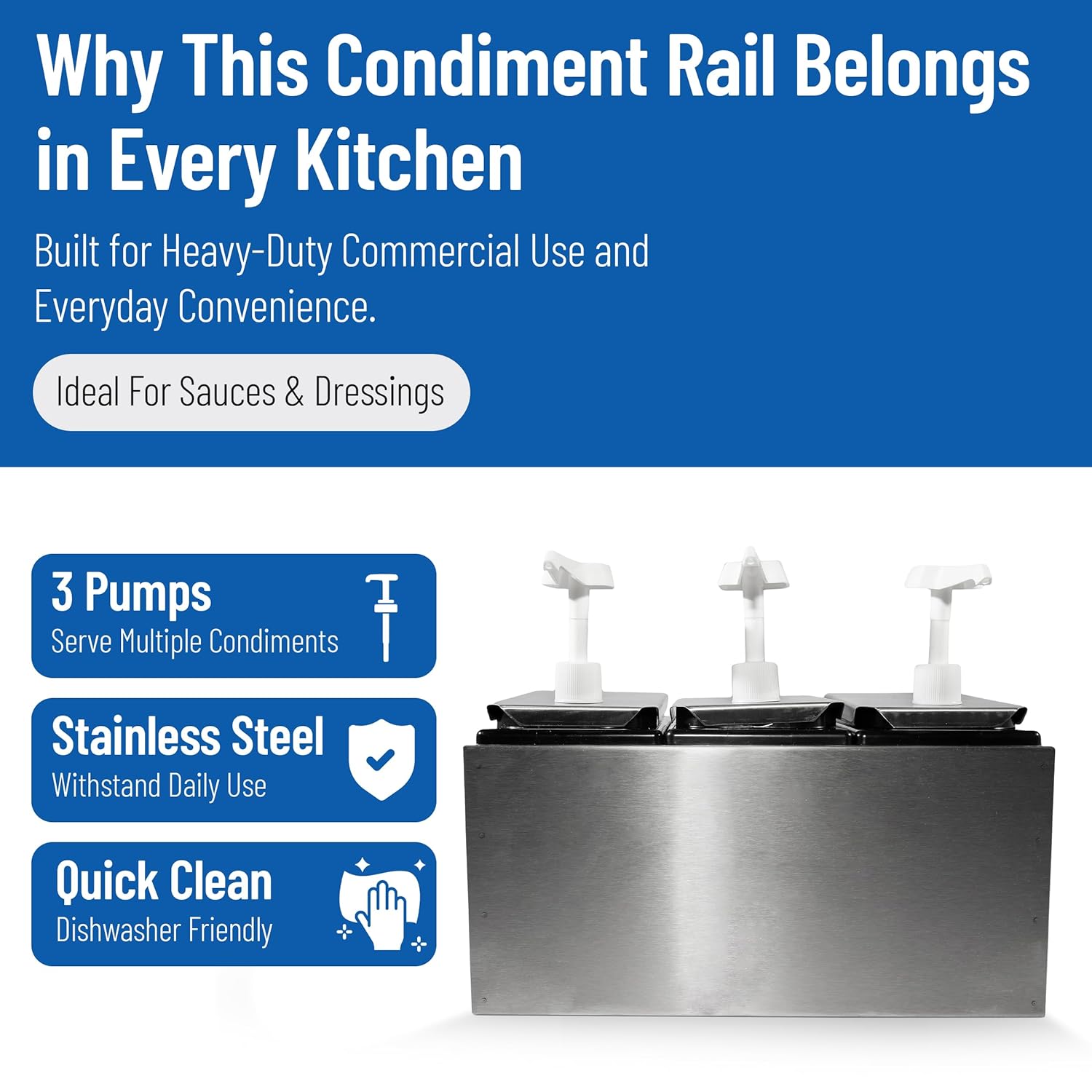 Carlisle FoodService Products Condiment Rail Condiment Center with 3 Standard Pumps for Gas Stations, Restaurants, and Fast Food Stainless Steel, 14.44 X 7.75 X 12.5 Inches, Silver