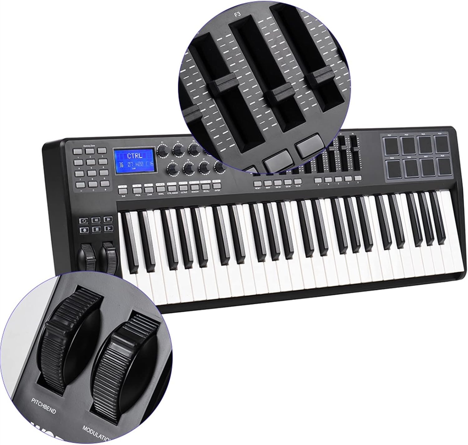 49-Key MIDI Keyboard Controller with USB, Velocity Sensitive Keys, 8 Drum Pads, Includes USB Cable