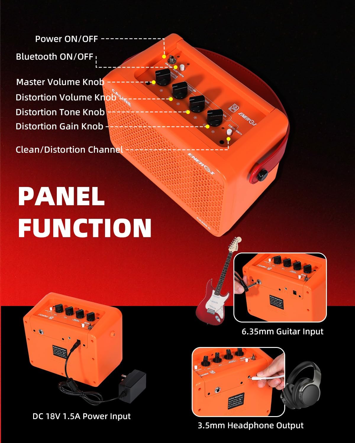 Caline 15W Electric Guitar Amp,Portable Practice Guitar Amplifier with Clean Distortion Effects,Small Bluetooth 5.3inch Speaker Amps for Electric Guita