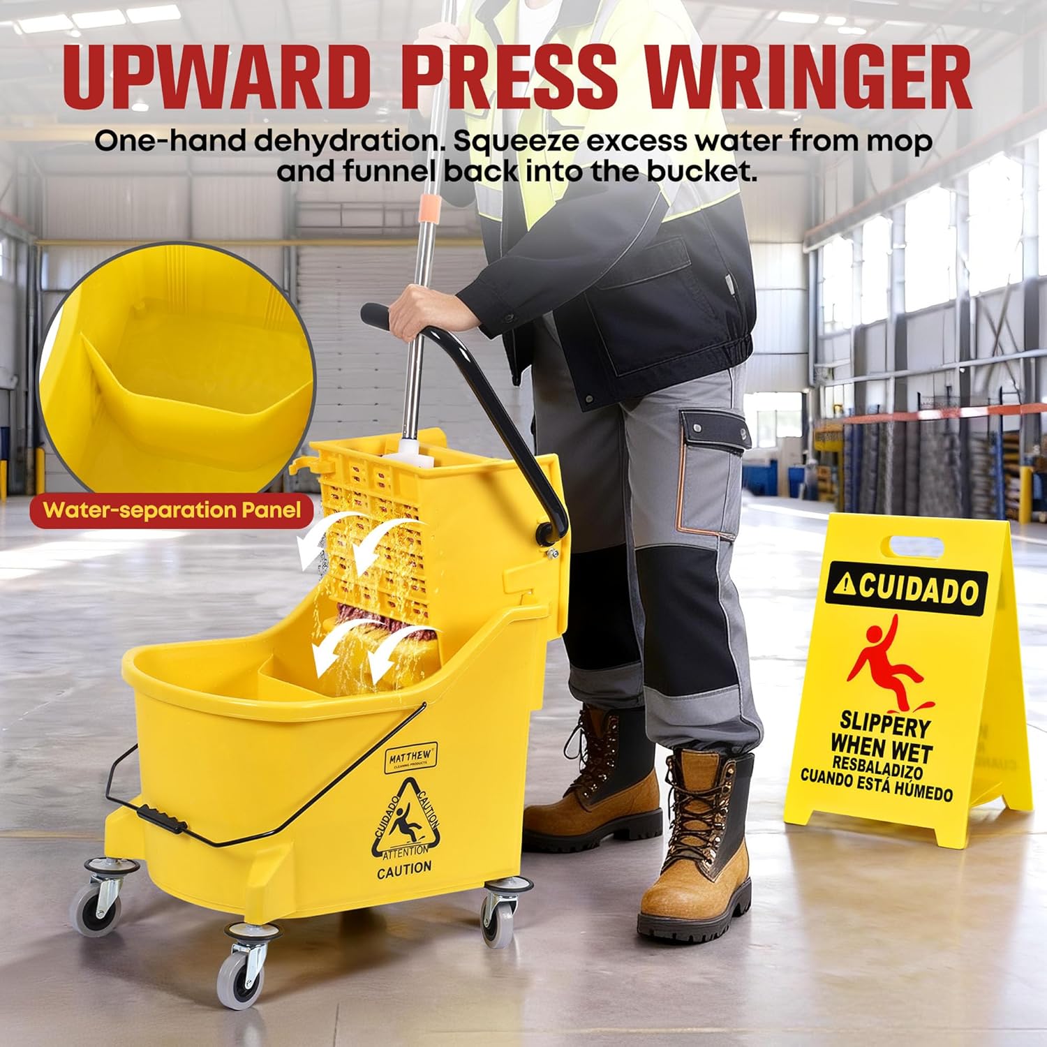 Matthew Cleaning 44Quart Commercial Mop Bucket INCL.Wet String Mop& 19'' Industrial Wet Floor Sign with Side Press Wringer On Wheels,Tandem Portable Floor Cleaning Wavebrake,Ideal for Household
