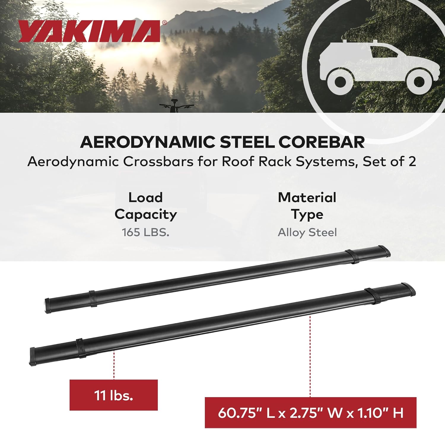YAKIMA, CoreBar Aerodynamic Crossbars for Roof Rack Systems, Set of 2
