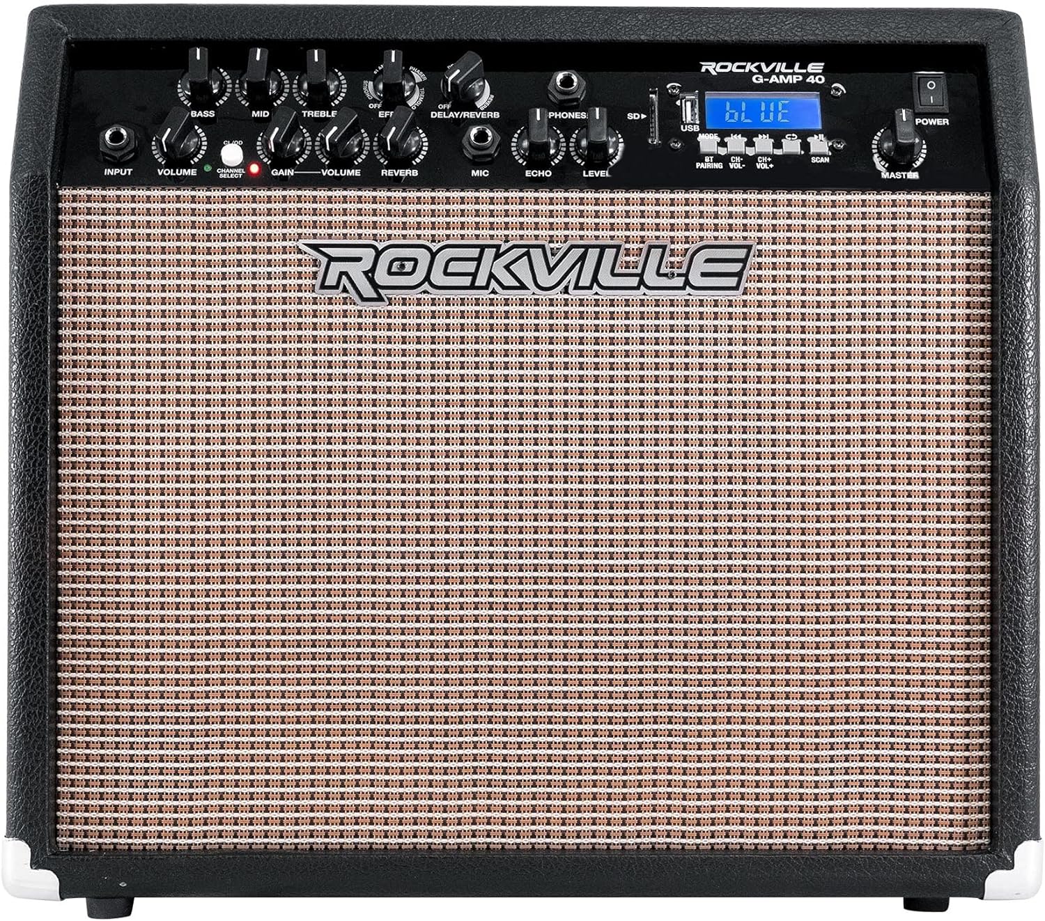 Rockville G-AMP 40 40W Guitar Combo Amplifier, Bluetooth, Mic Input with Echo, USB/SD Playback, Footswitch, Built-in Effects, Portable for Practice and Performance