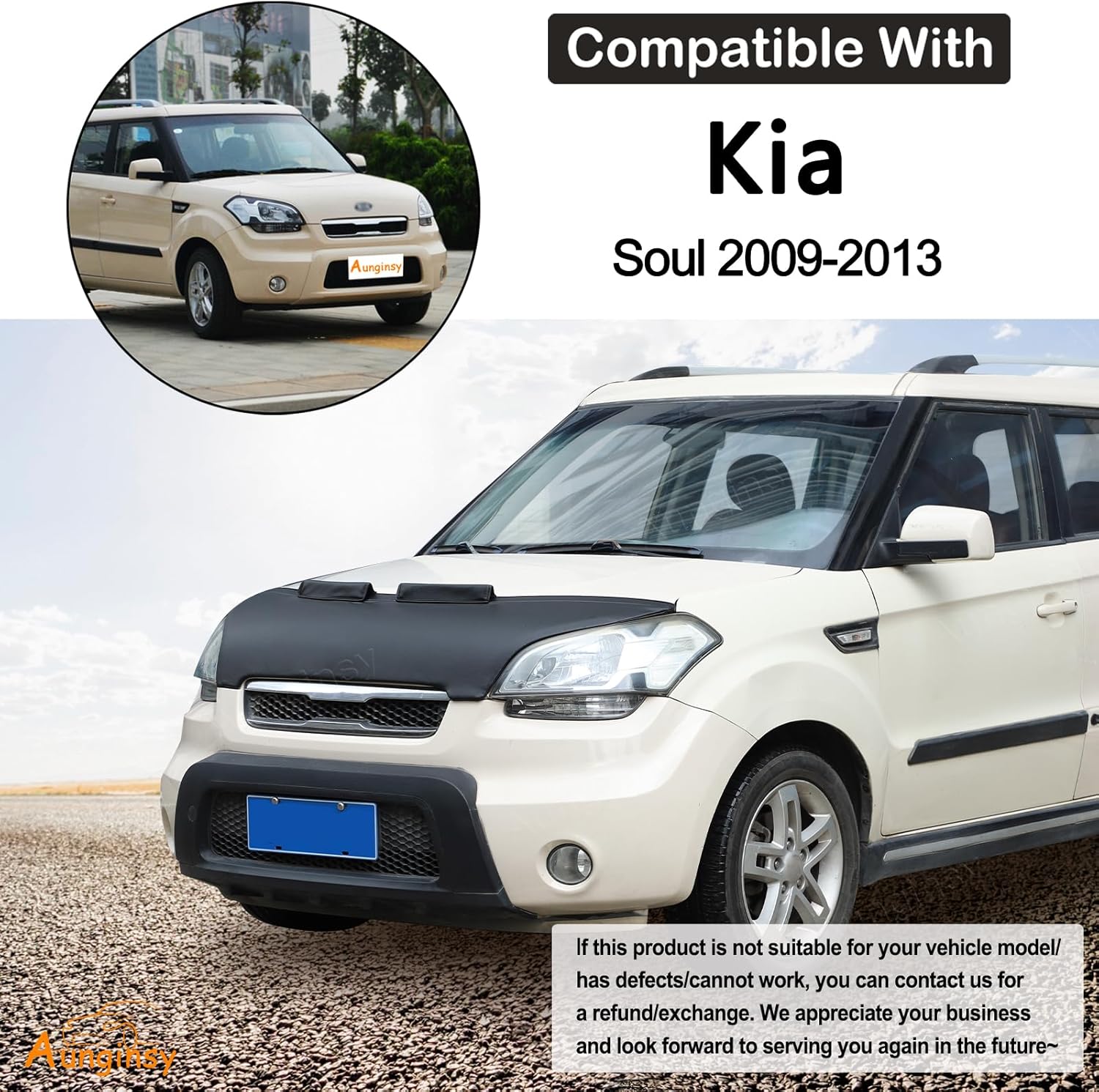 Aunginsy Car Hood Protector Bra Compatible with Kia Soul 2009-2013 Auto Front Engine Hood Cover Black Leather Protector Cover Half Hood Bonnet Bra Front Car Cover Mask Hood Shield Exterior Accessories