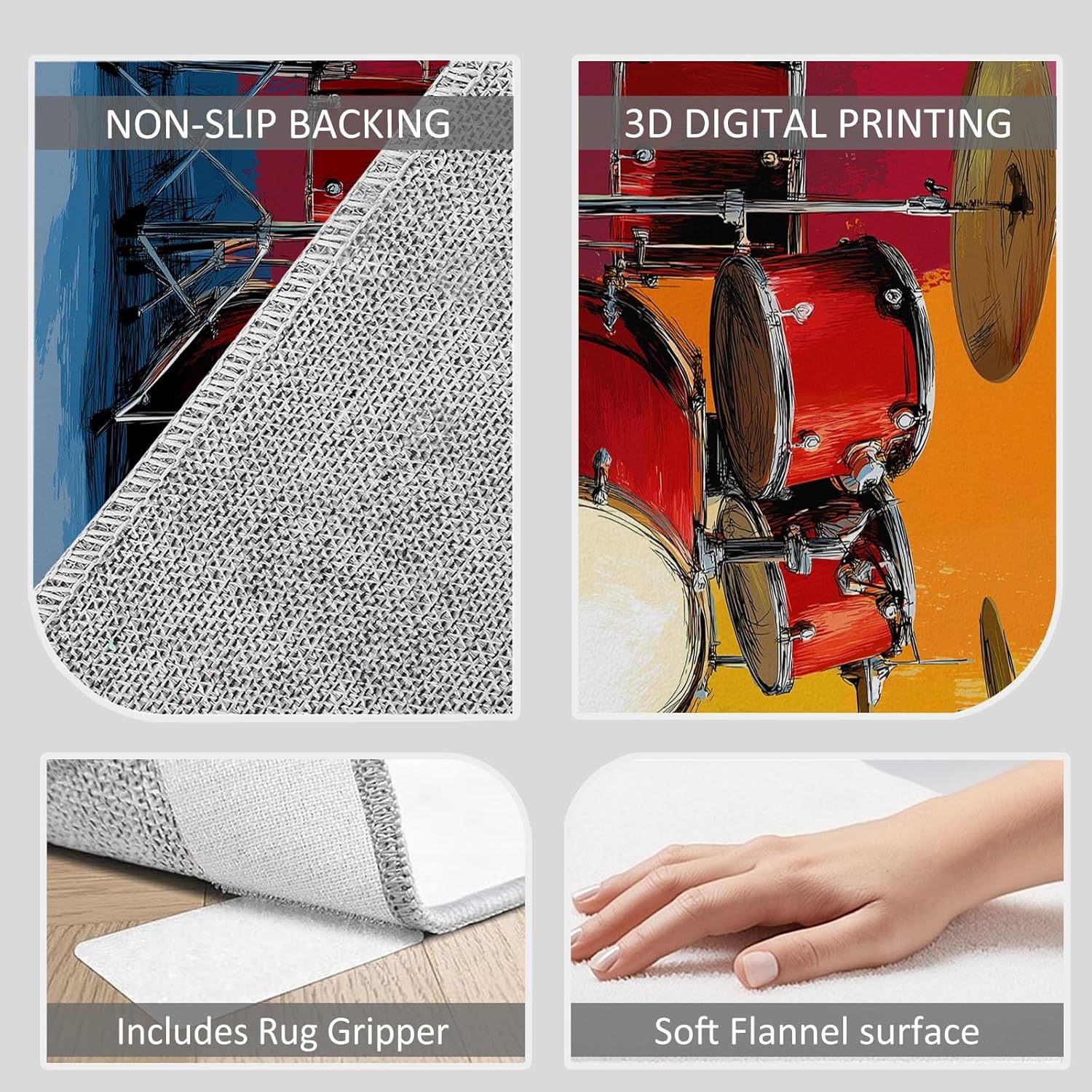 Area Rug for Living Room 8x10 ft Colorful Graffiti Drum Kit Machine Washable Non-Slip Rugs, Soft Accent Rugs, Lightweight Carpet, Foldable Easy Care, Stylish Indoor Area Rug