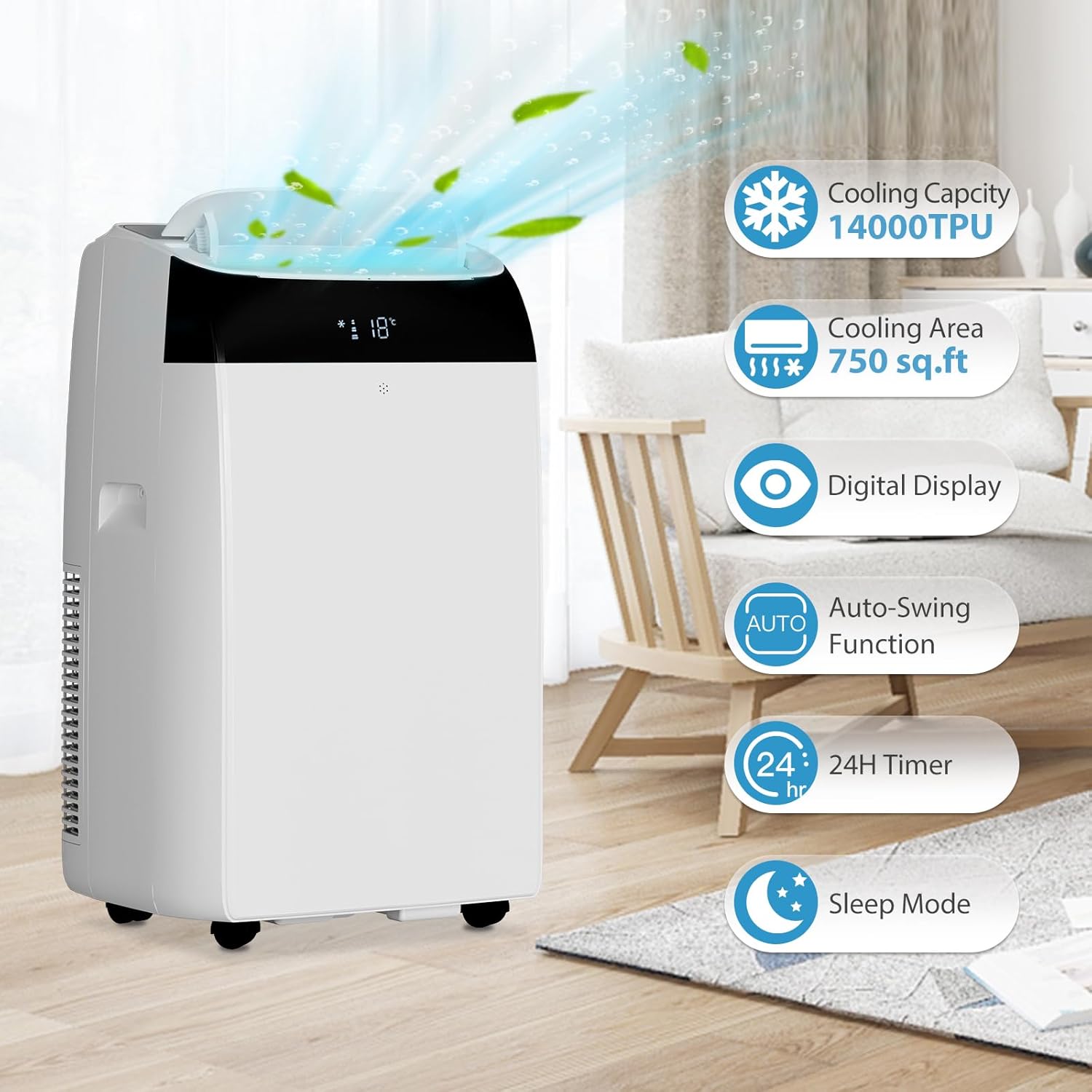 Portable Air Conditioners, Cooling, Dehumidification & Fan Modes 3-In-1 Air Conditioner, 14,000 Btu Powerful Cooling Up to 750 Sq.Ft, Remote Control, Timer, Ultra-Quiet Operation for Home, Office