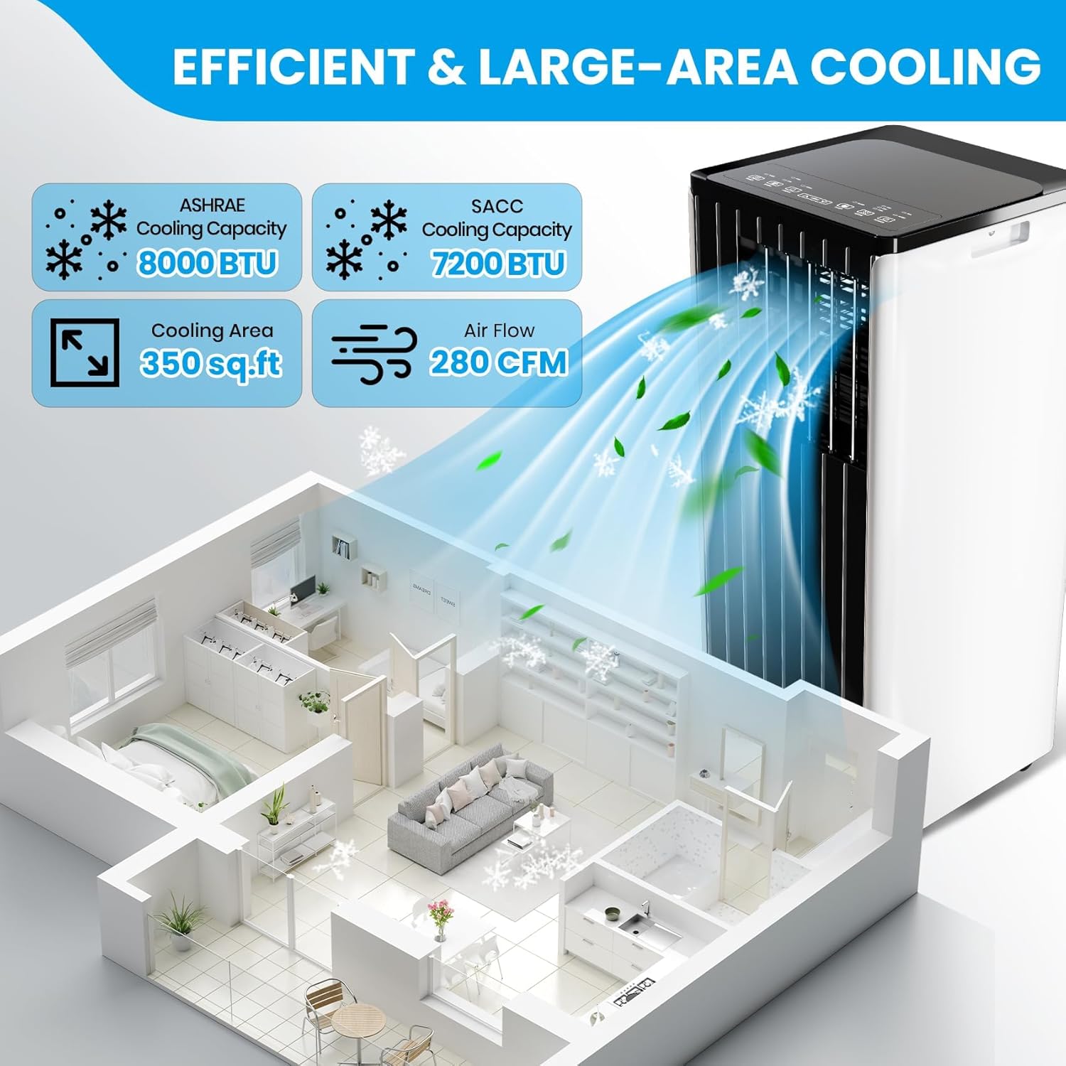 8000 BTU Portable Air Conditioner for Rooms Up to 350 Sq.Ft - Fan, Dry, Remote Control, Sleep Mode