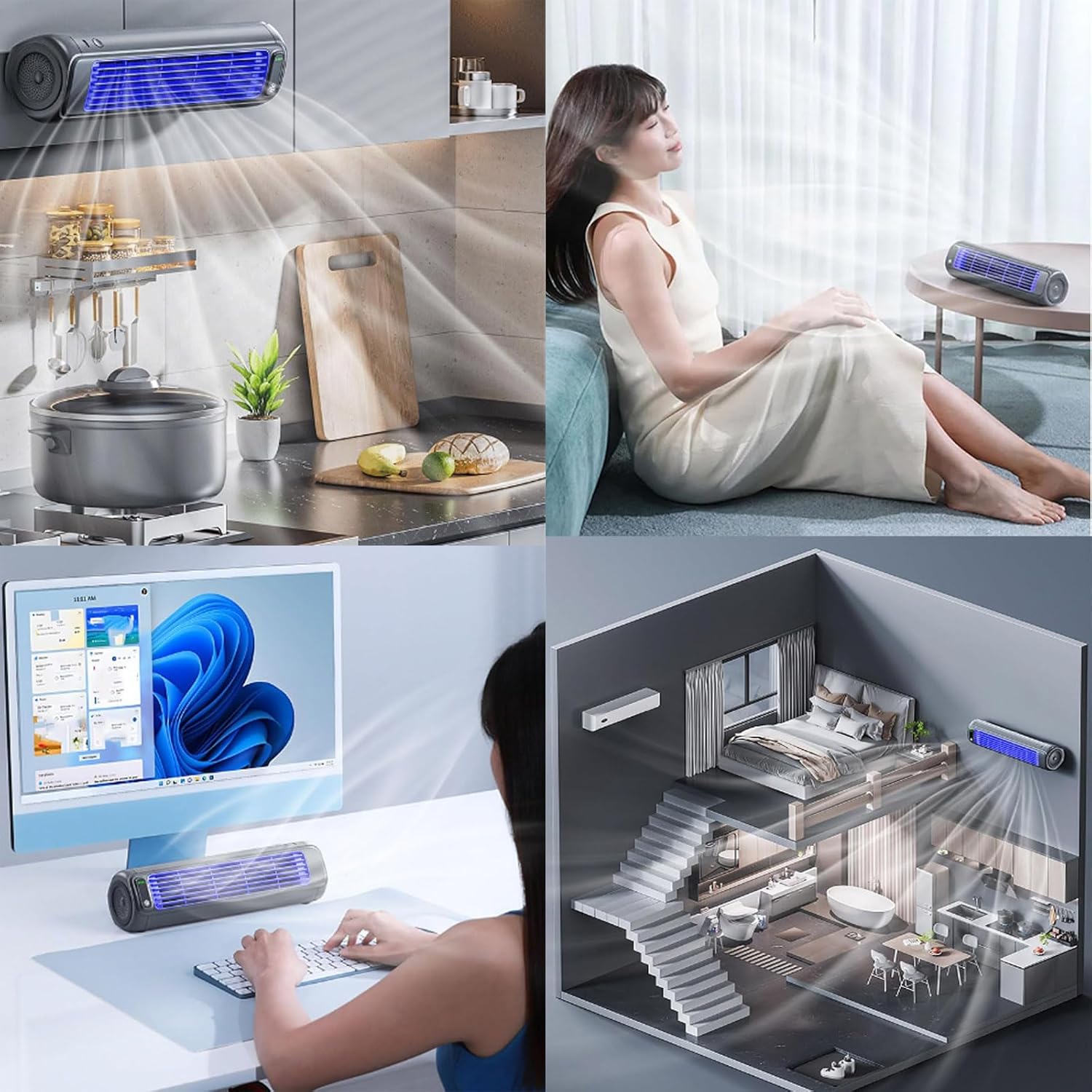 Qinux Brizaac Imwing Portable Bladeless Air Conditioner, 3 Quiet Speed Cooling Fan, USB Wall Mount AC Unit, Efficient Gray Cooling Tower for Home & Office