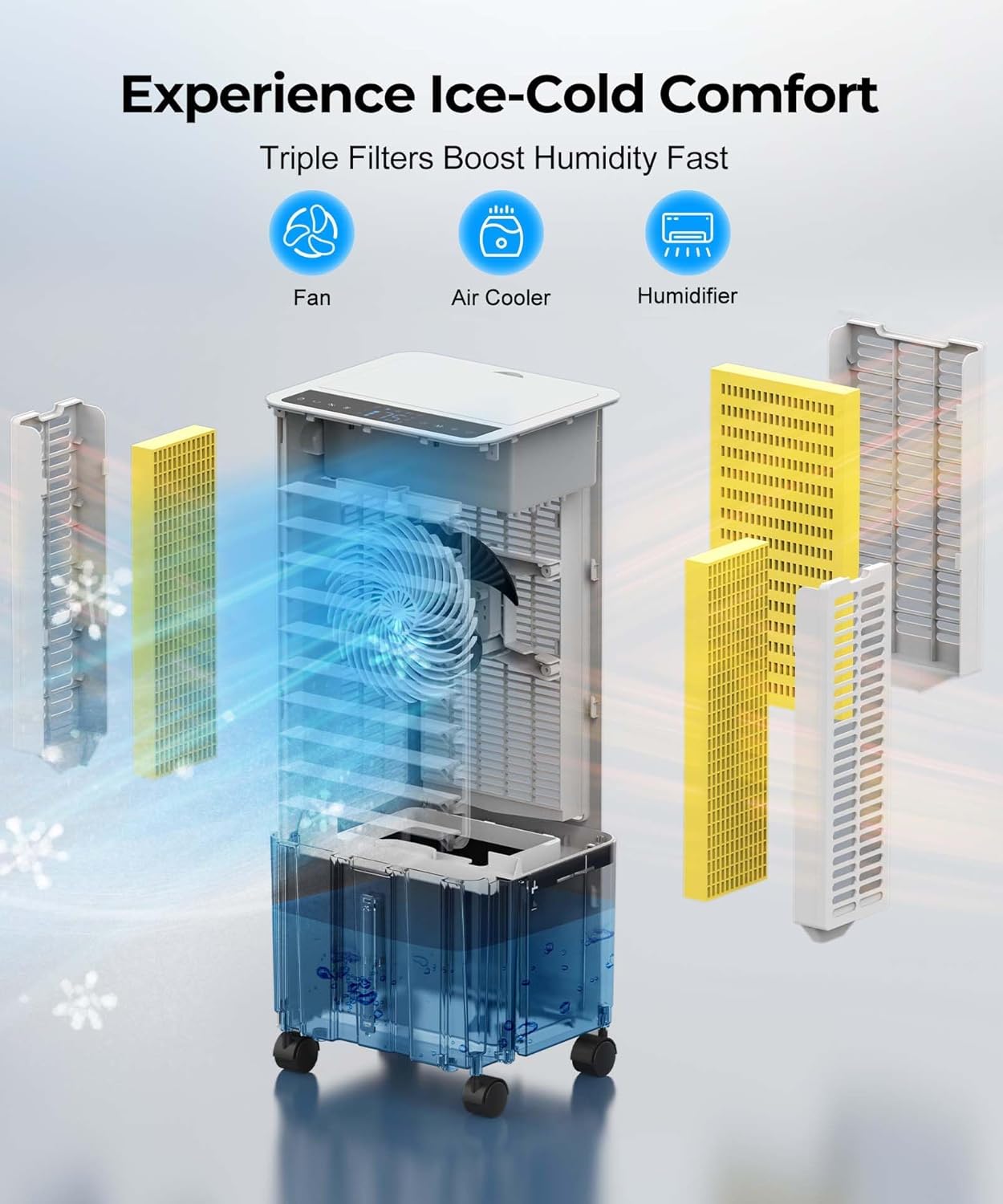 Evaporative Air Cooler with Remote & Timer, 2200+ CFM Portable Fan That Blows Cold Air for Large Room, Home Office, Bedroom - 2.1Gal High-Capacity Tank, 3 Modes, Whisper Quiet 30dB & Sleep Mode