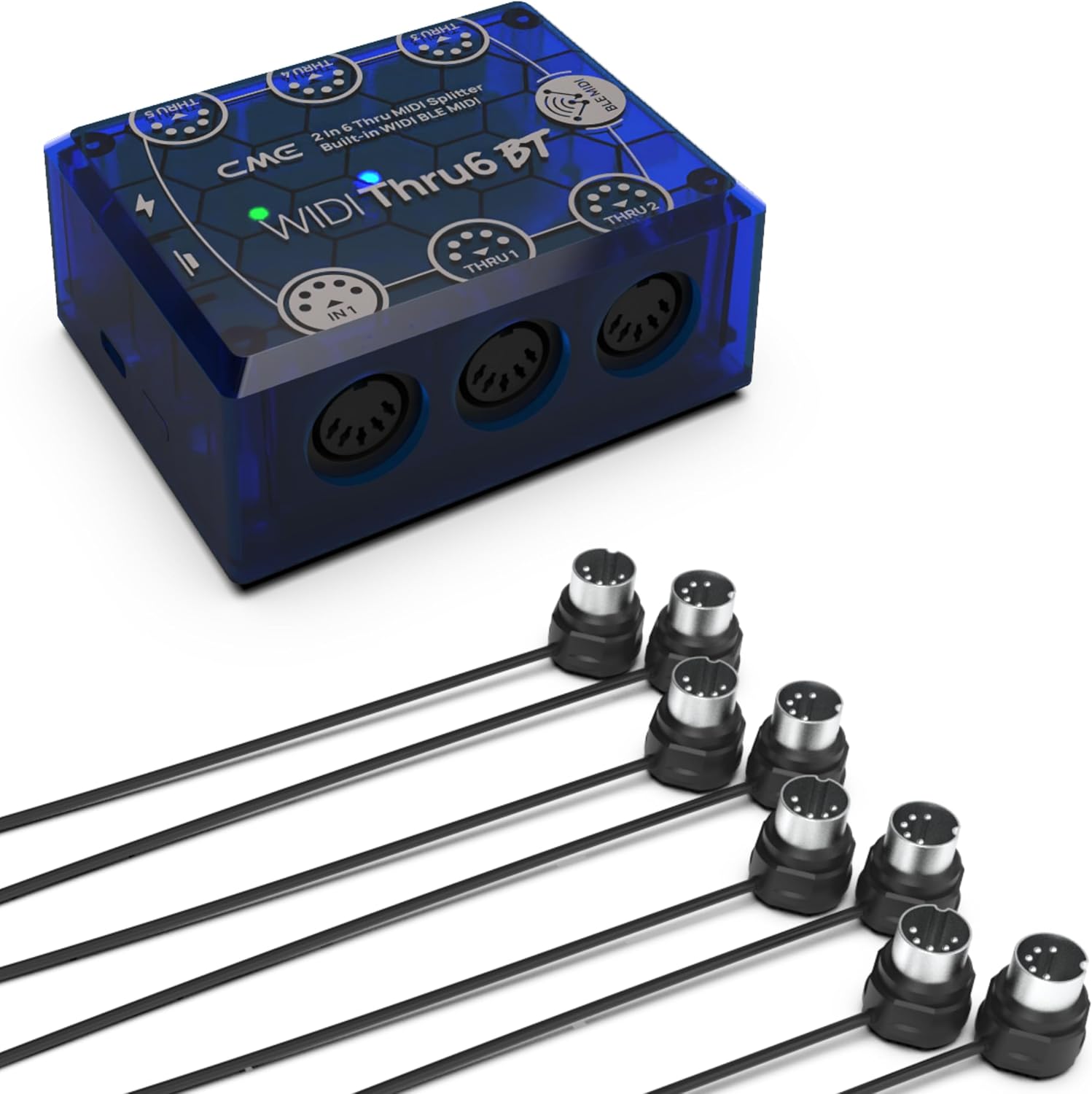 CME WIDI Thru6 BT + 4-Pack 3-FT MIDI Cables - 2-in-6-out MIDI Thru/Split with 5-pin DIN and Bluetooth MIDI + 4-Pack 3-FT 5-pin DIN Low-Profile MIDI cables