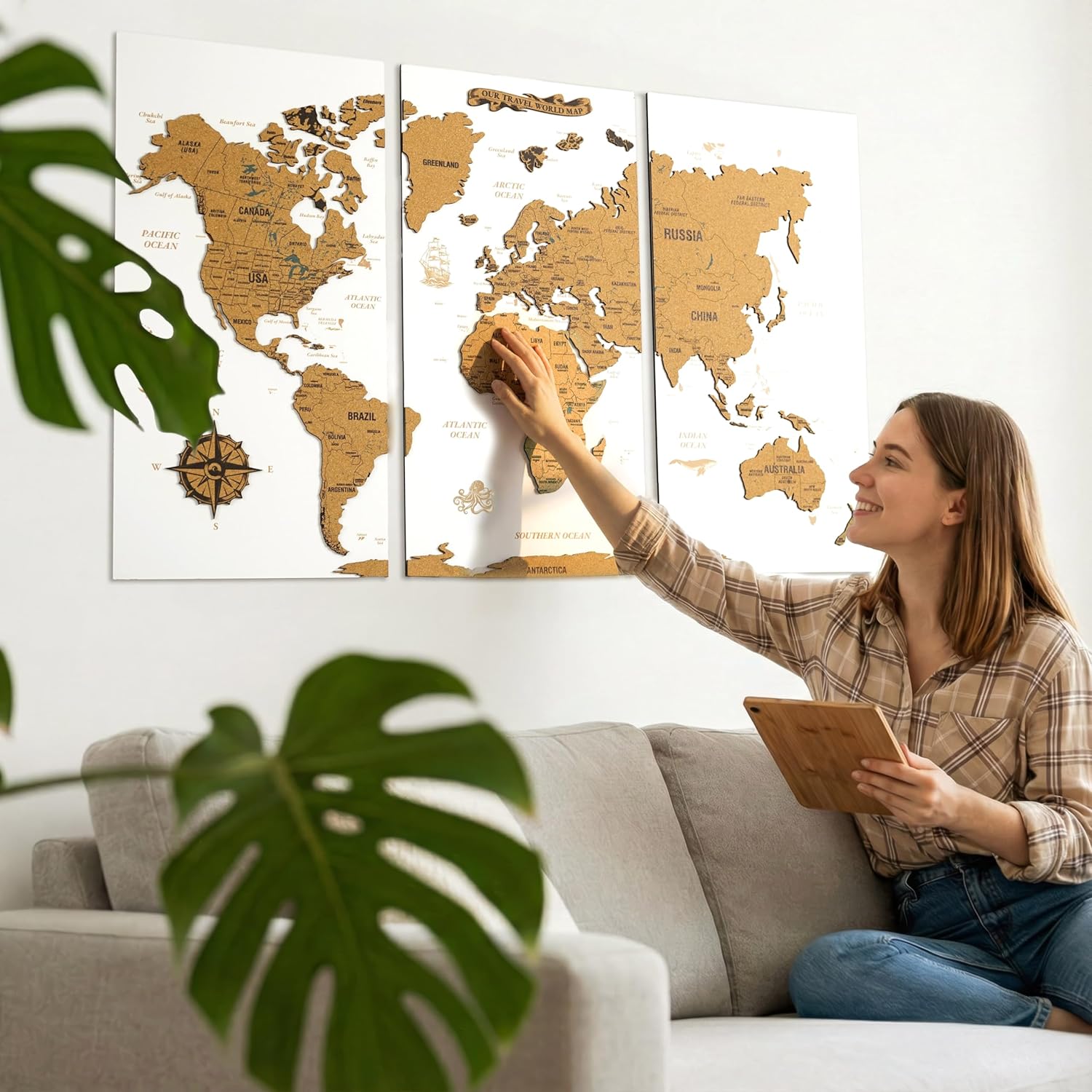 Colorfull Worlds Unframed White Cork World Map Wall Art – 53 x 34.6 inches – 3-Piece Design – Large Geographical Map – Home Office Decor – Modern Wall Art