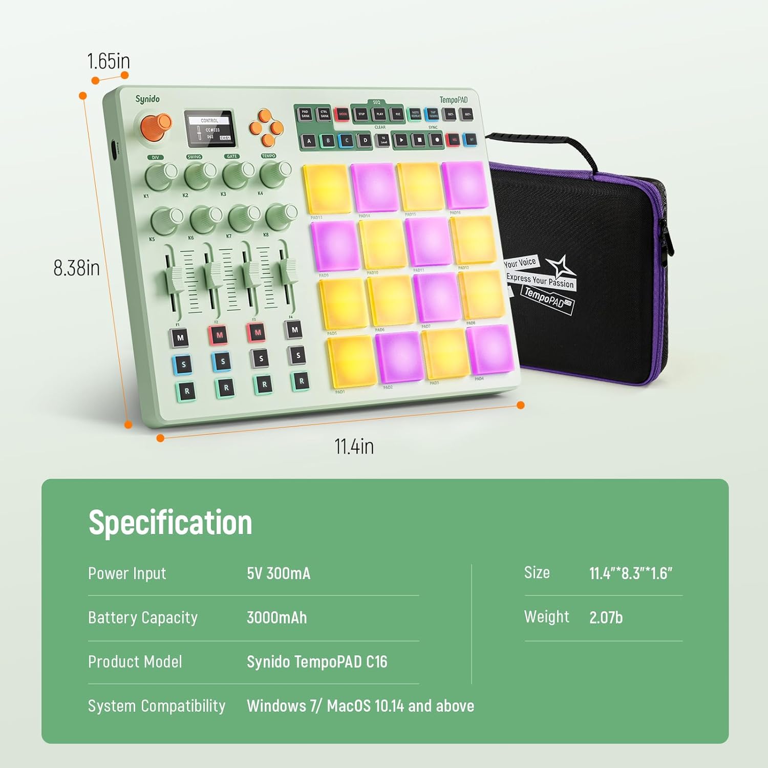 Midi Pad Controller, Portable Beat Maker Machine with Drum Pads, Beginners Beating Pad Velocity Sensitive, LED Display for Music Production (Wireless MIDI)