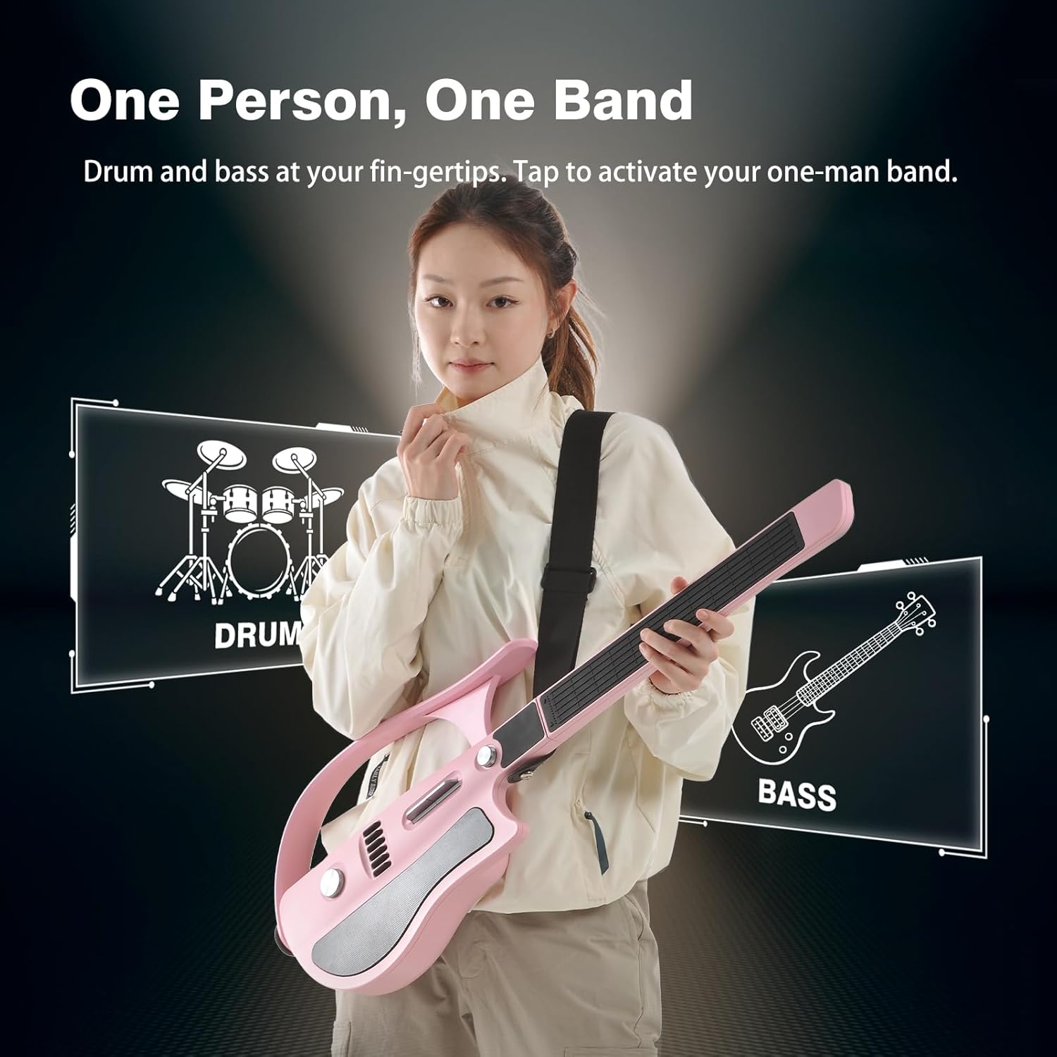 Stringless Electric Smart Guitar,Foldable & Portable Built-in Drum Machine & Bassline Travel Backing Guitarra for One-Man Band,Chord Generator,App Interactive Chord Sheets,Easy to Play (Pearl White)