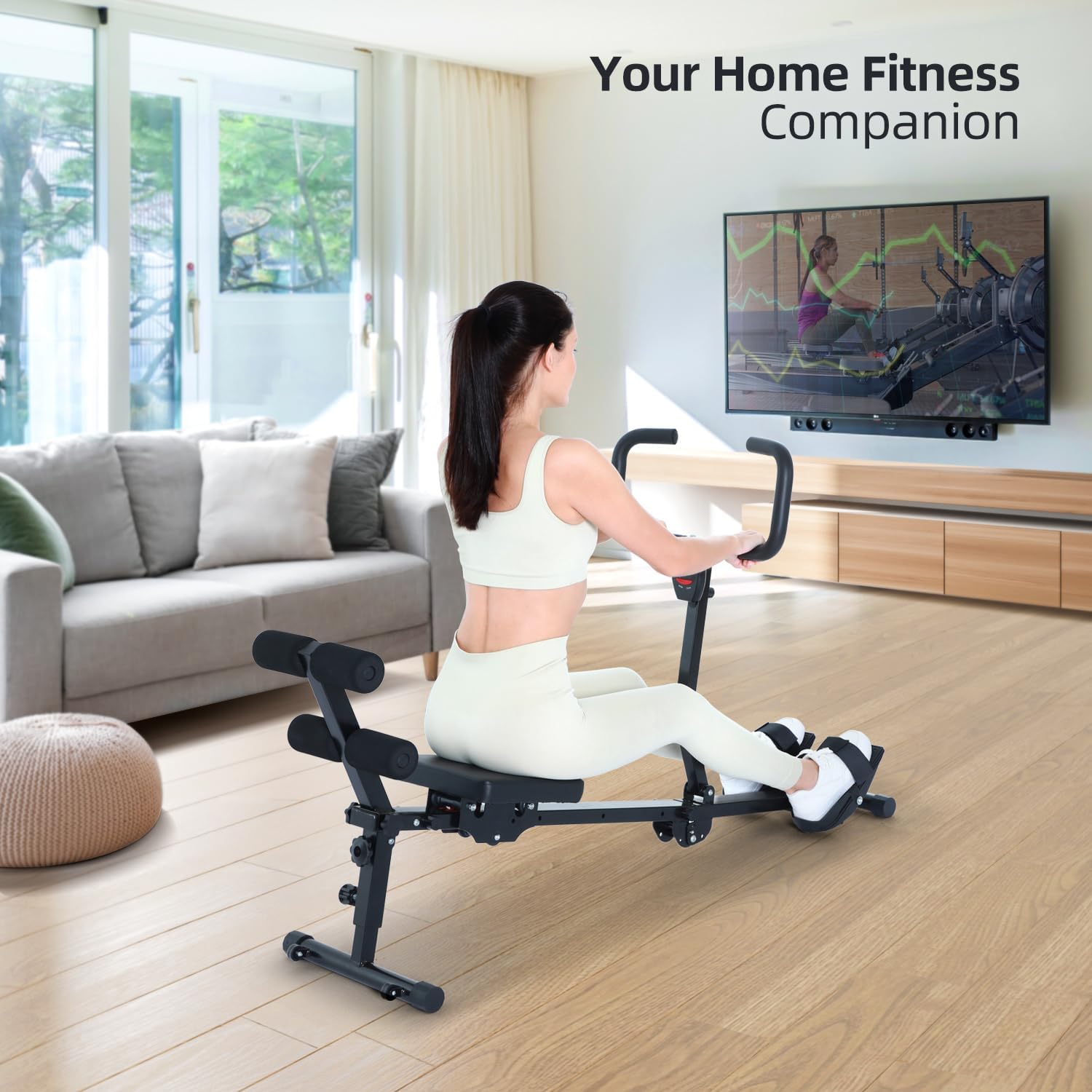 Sportneer Rower Machine for Home Foldable Hydraulic Rowing Machine with 12-Level Resistance - Multi Functional Row Machine Equipped with Caster and Backrest, 297lbs Maximum Load Rower Machines