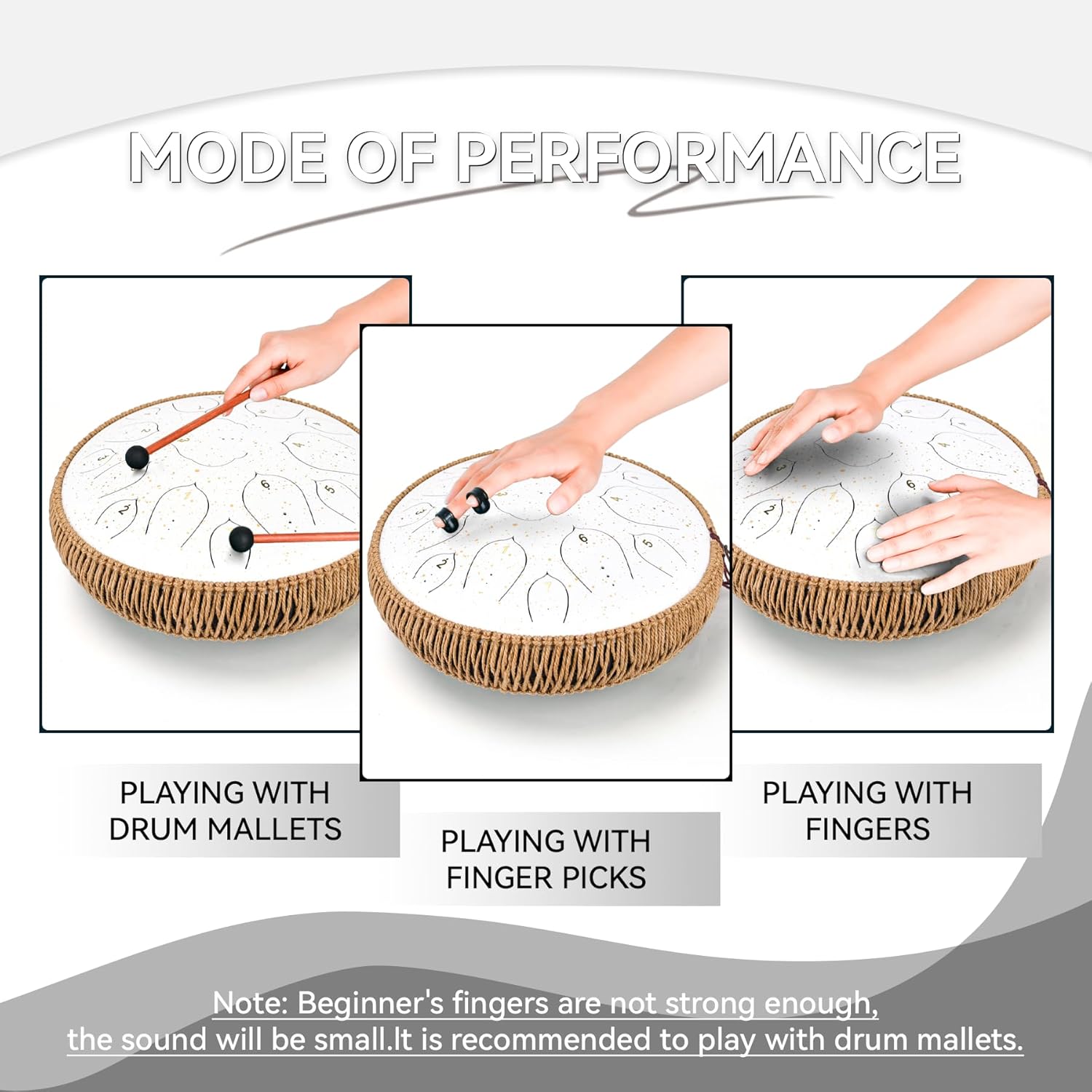 Steel Tongue Drum - 14 Inch Tongue Drum Instrument - 15 Notes Hand Pan Drums with Music Book, Handpan Drums Instrument Mallets and Carry Bag, D Major White