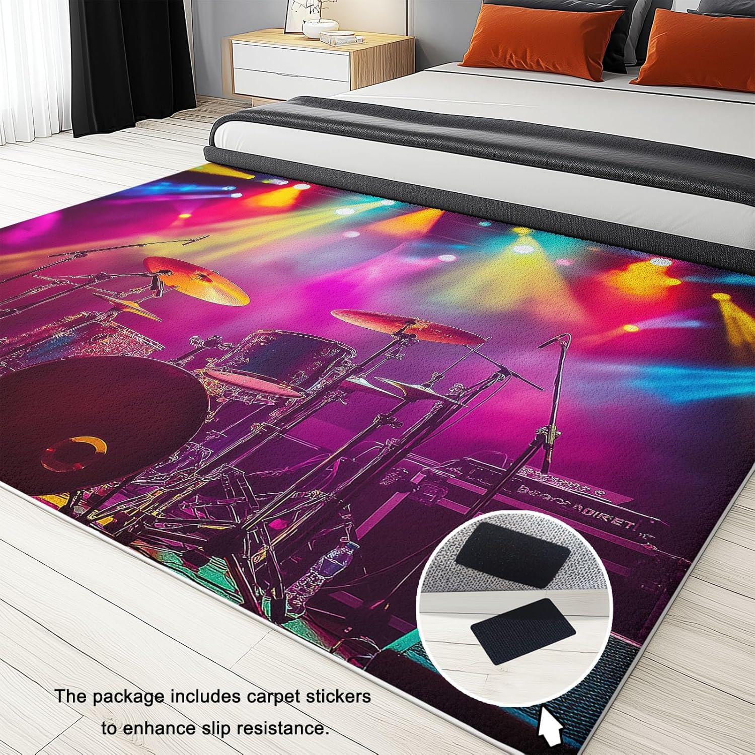 Machine Washable Area Rug 4x6 ft for Dining Room, Bedroom, and Living Room, neon Light Drum Set Stain and Water-Resistant Non-Slip Rug, Pet and Kid Friendly