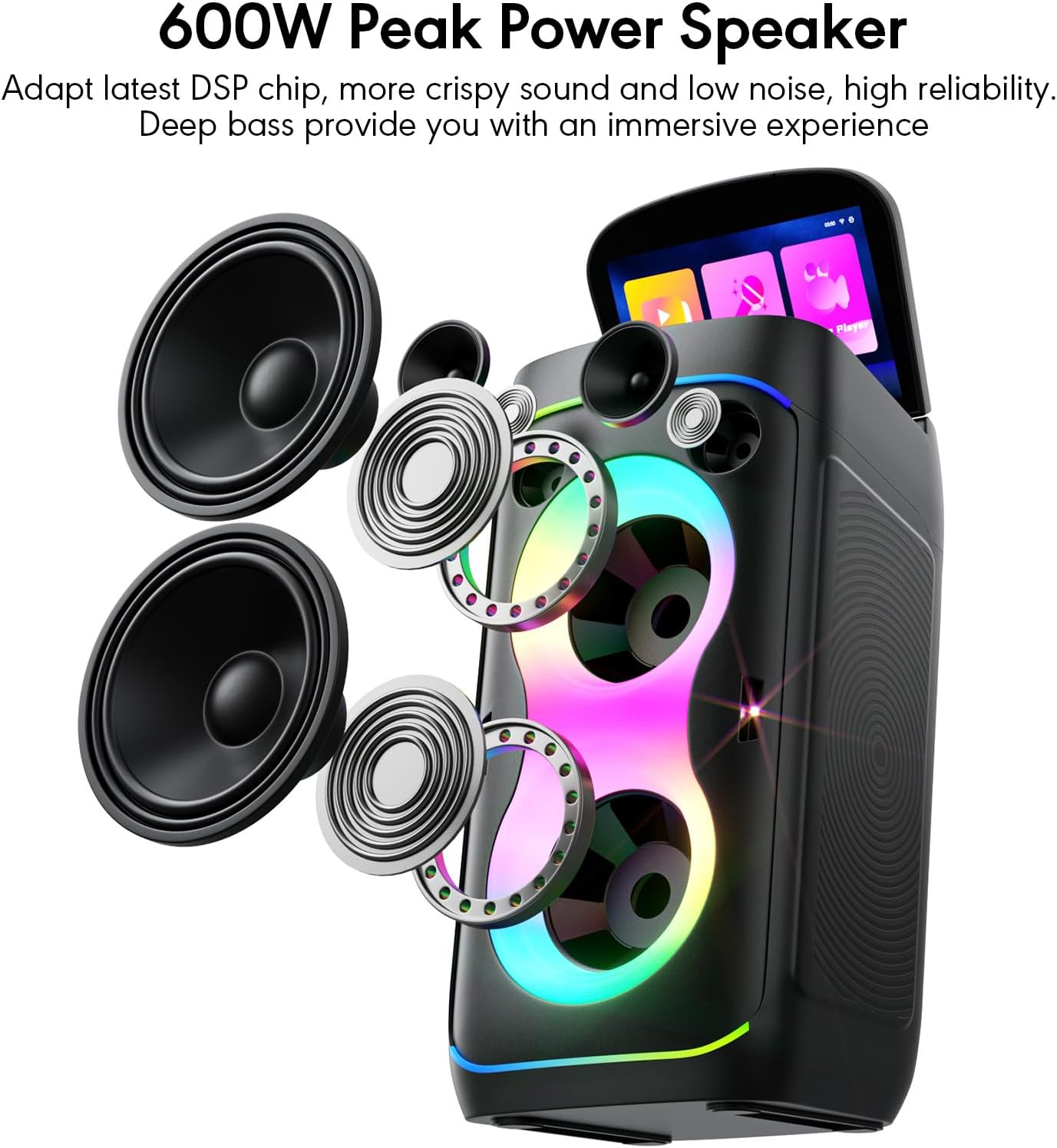 Smart Karaoke Machine with 10.1 Inch Screen, with Lyrics Display, Build-in Karaoke APP, 300W Powerful Speaker, 2 Wireless Microphones, for Family or Friend Party (X1)