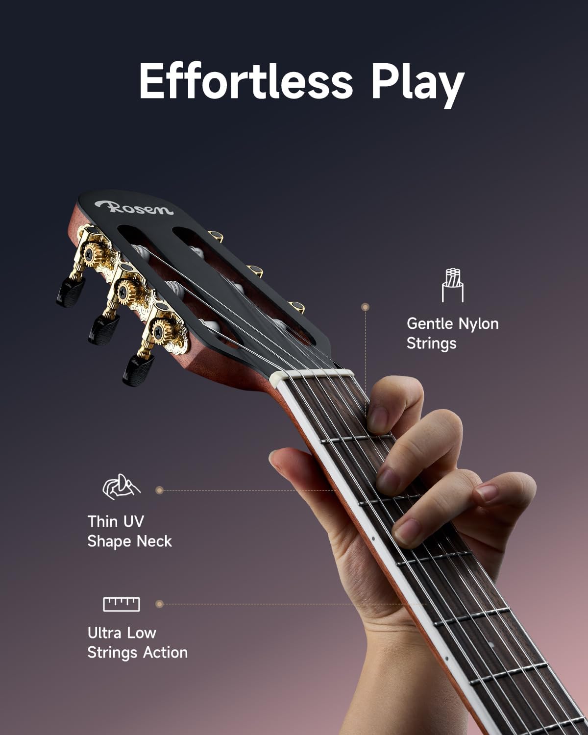 Rosen V1 Hybrid Acoustic Guitar for Beginners Adults Patented Body with Solid Spruce Top & Soft Touch Strings Thin Neck & Open Pore Matte 38 Inch,Black