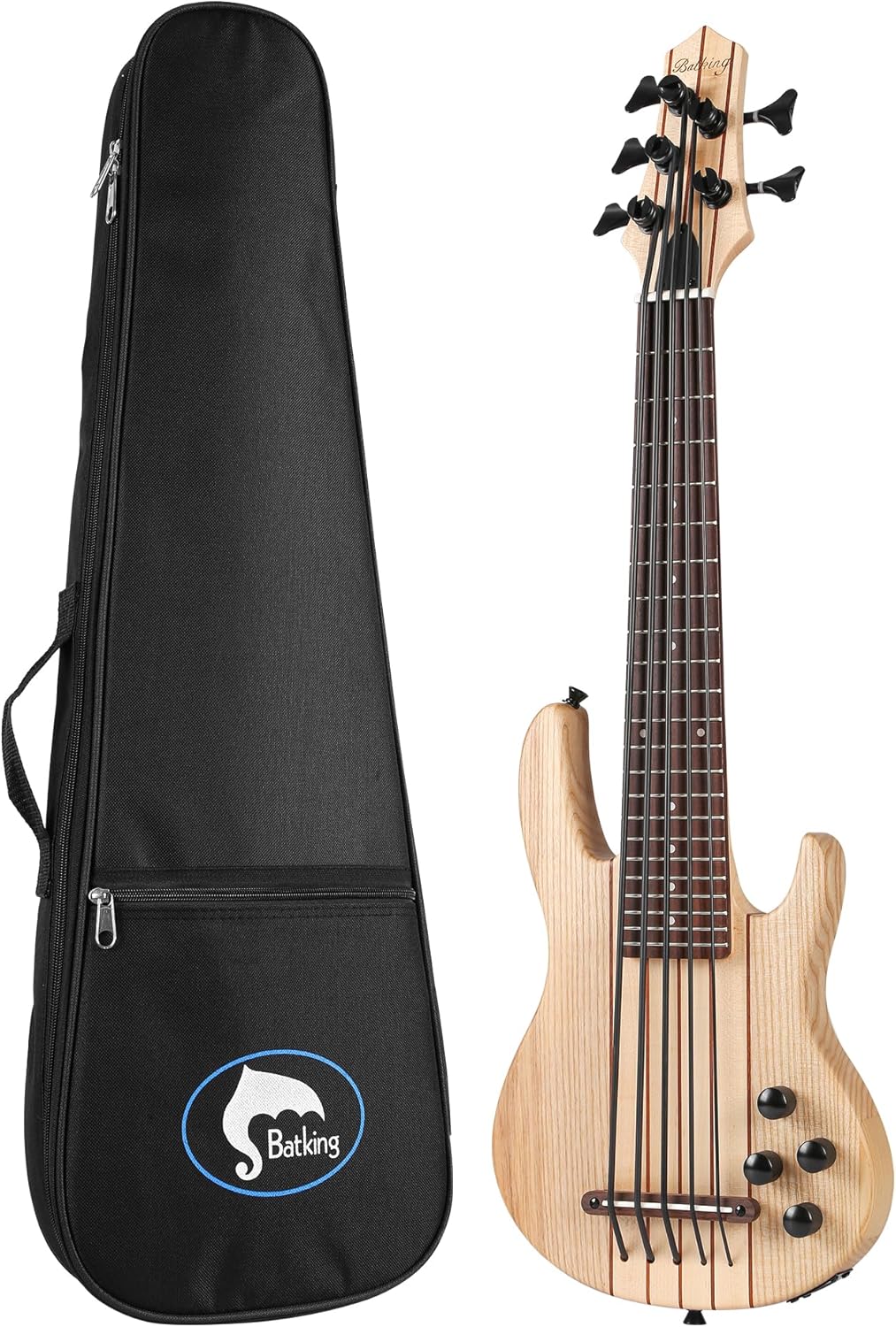 Batking Electric Ukulele Bass, 5 String UBass Fretted, Through Neck Electric Uku bass with Gig bag (Natural Color)