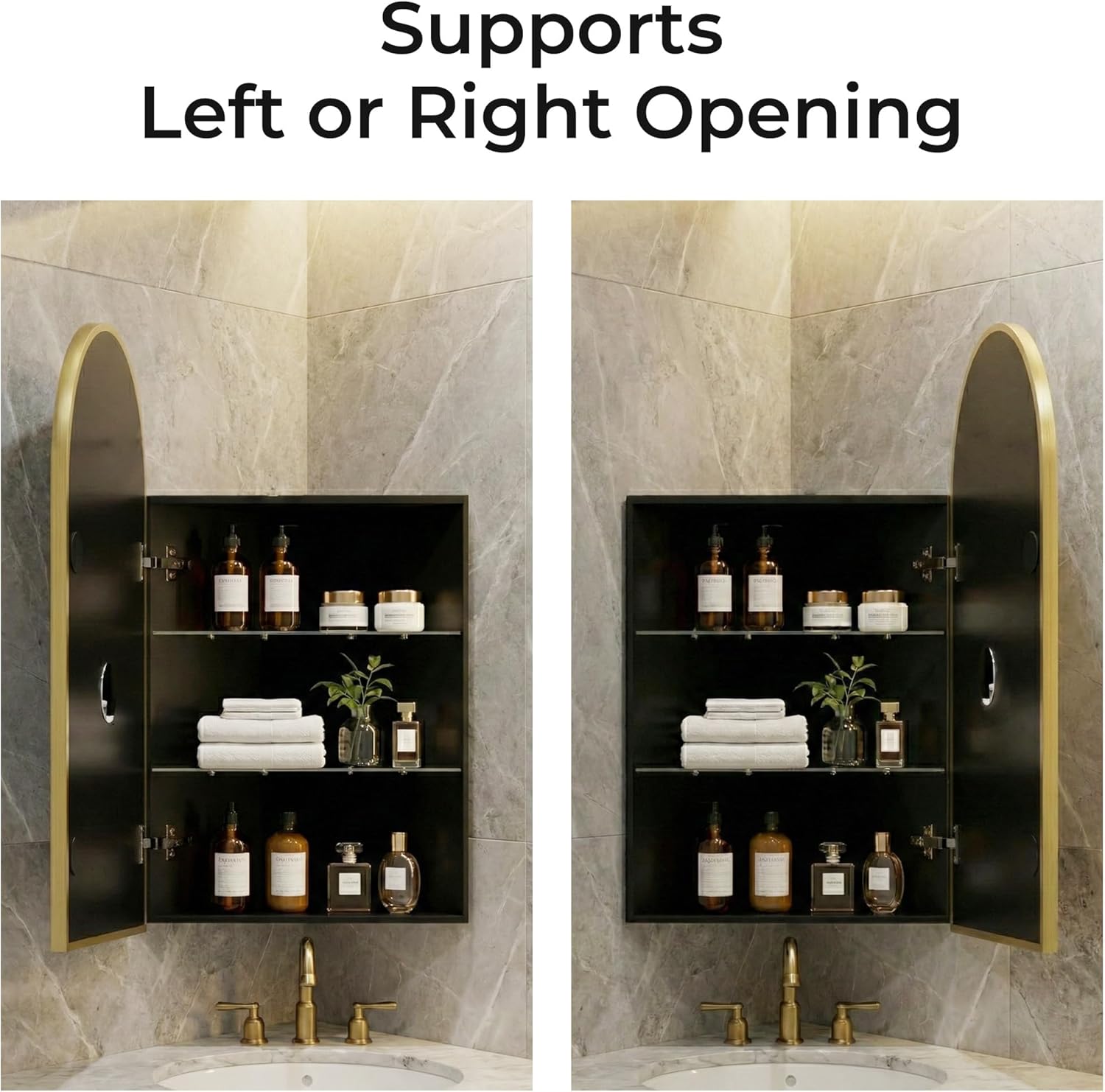 LED Corner Medicine Cabinet with Mirror, One-Touch Defogger, Arched Wall Mount Corner Bathroom Mirrored Cabinets 15.7