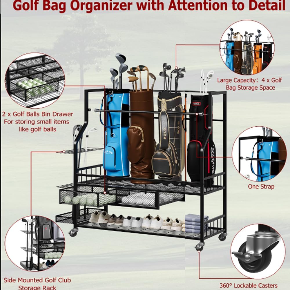 Golf Bags Storage Garage Organizer,Golf Bag Stand for 4 Golf Bags, Clubs, Balls, Golf Equipment Accessories, Golf Bag Storage Rack with Wheels