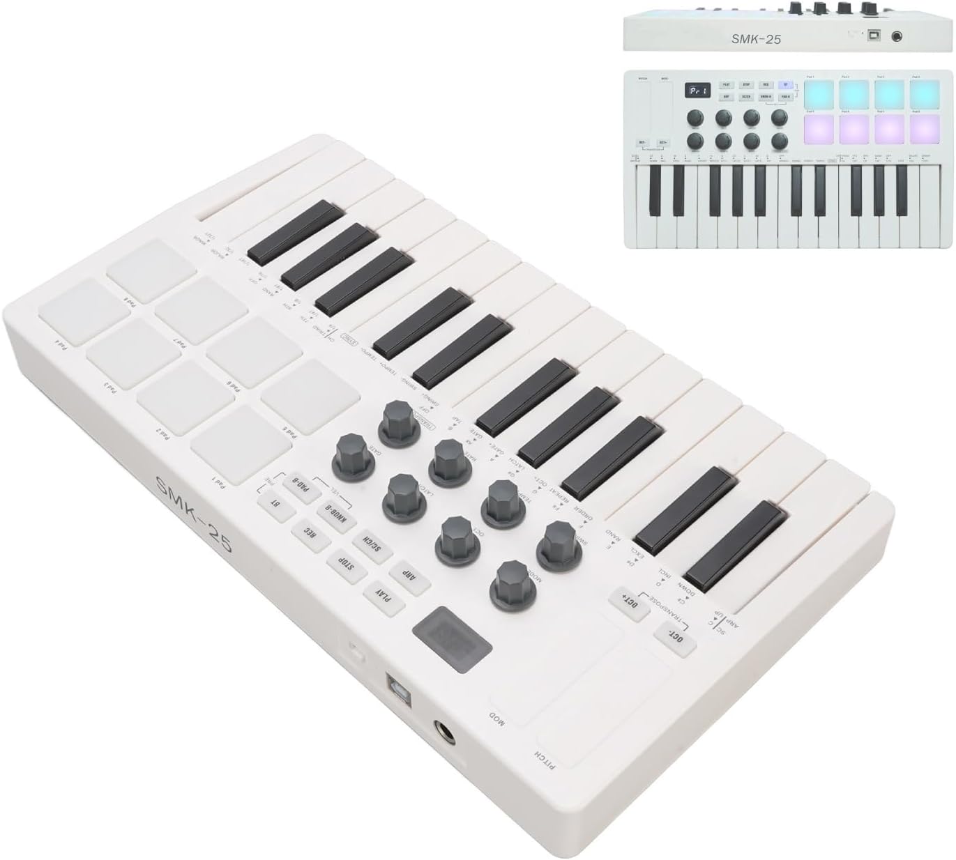 MIDI Keyboard Controller 25 Keys, AIO Rechargeable MIDI Keyboard with 8 Backlit Drum Pads 8 Knobs Beat Maker Universal Multisystem Compatibility MIDI Controller for Music