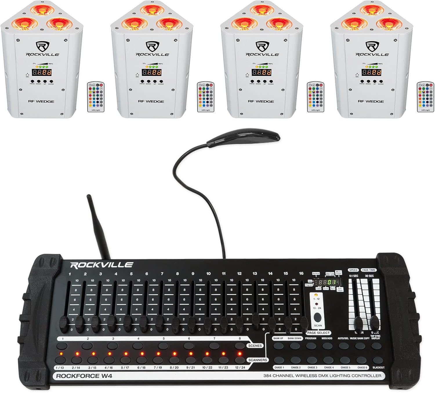 Rockville RF Wedge White Bundle: (4) 54W RGBWA+UV Battery Wireless DMX DJ Par Uplights with RF Remote, ROCKFORCE W4 384-Channel Wireless DMX Lighting Controller with MIDI, 5-Items