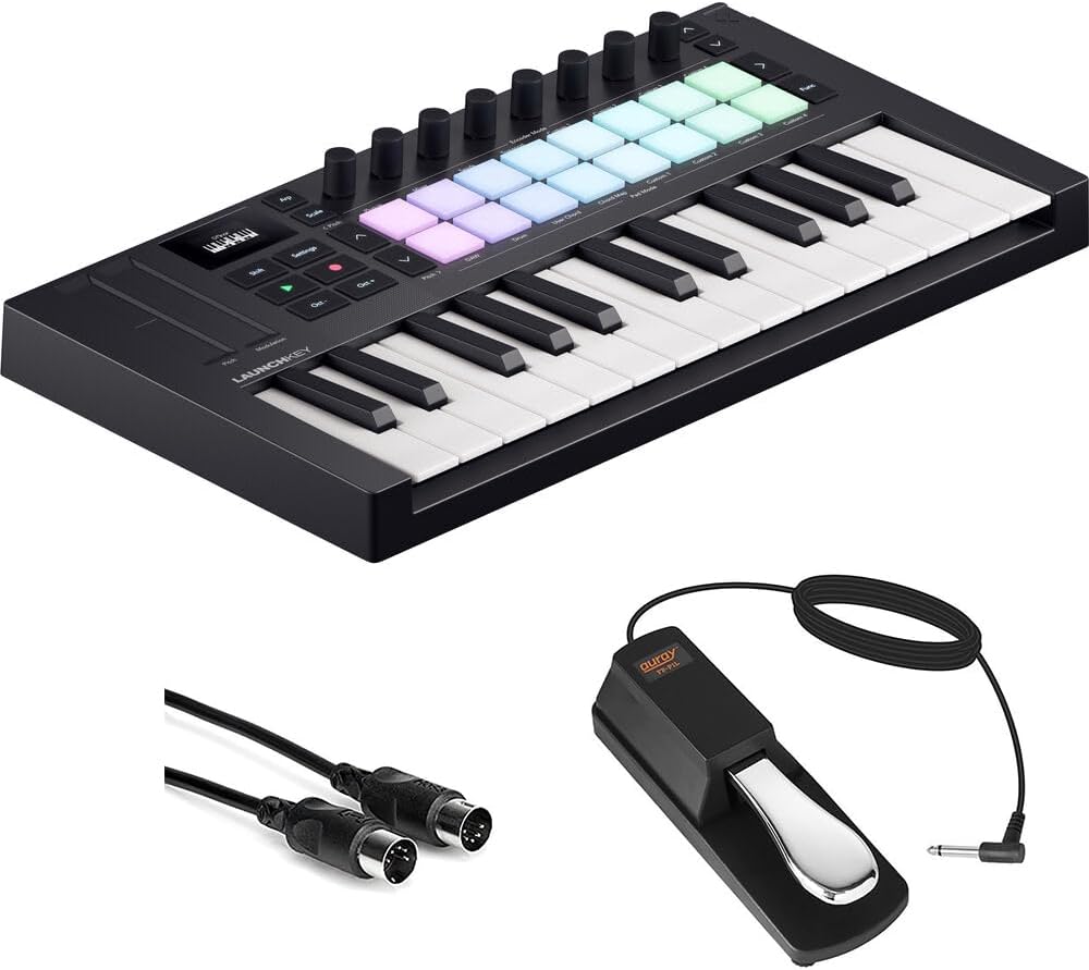 Novation Launchkey Mini 25 MK4 USB MIDI Keyboard Controller (25 Mini Keys) Bundle with Auray FP-P1L Universal Piano-Style Sustain Pedal and Hosa Mid-310 Black 10 ft. Midi cable