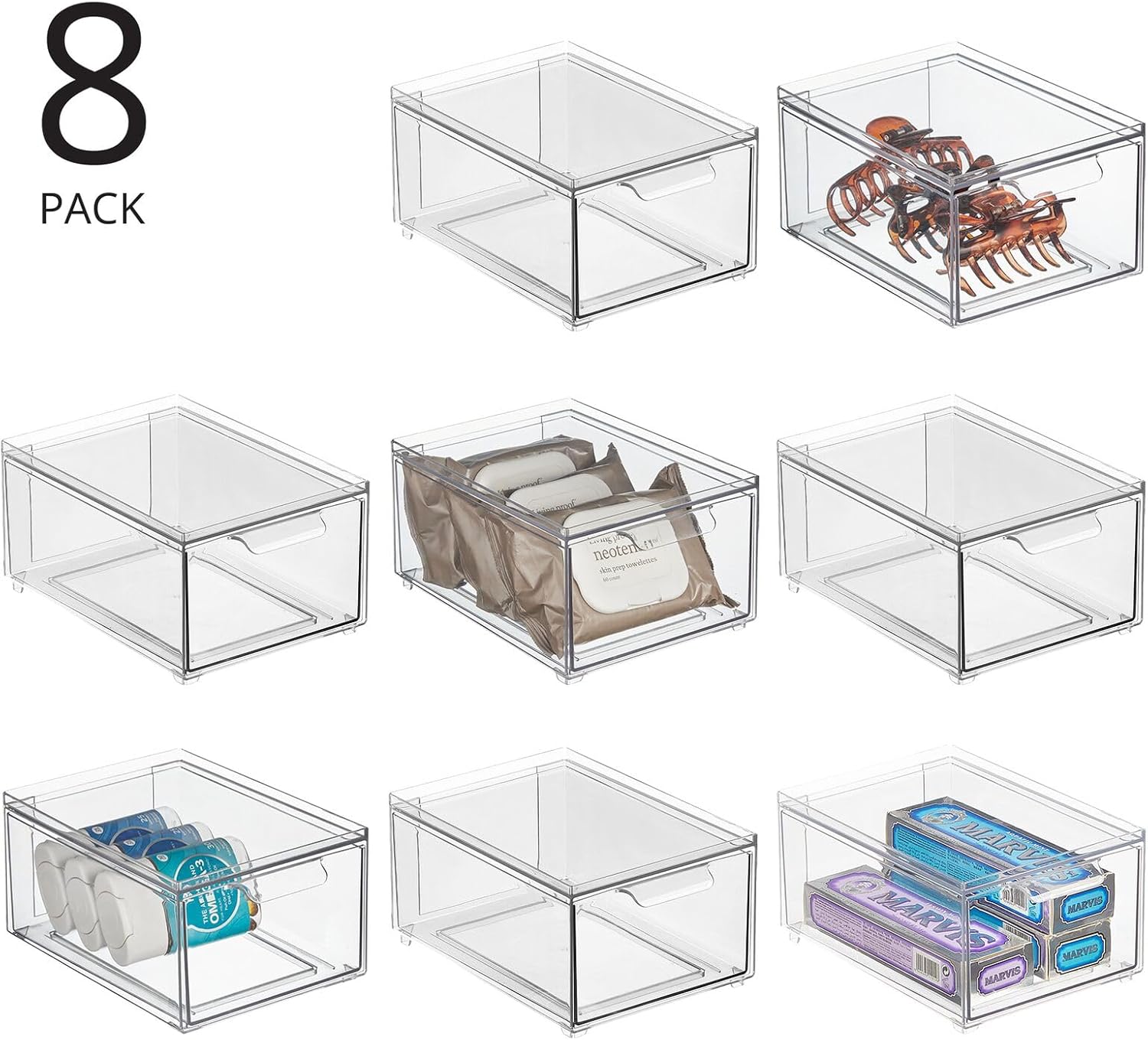 mDesign Plastic Bathroom Organizer Bin w/Pull Out Drawer - Slim Stackable Storage Container for Bathroom Accessories - Perfect for Organizing Bathroom Cabinet - Lumiere Collection - 8 Pack - Clear