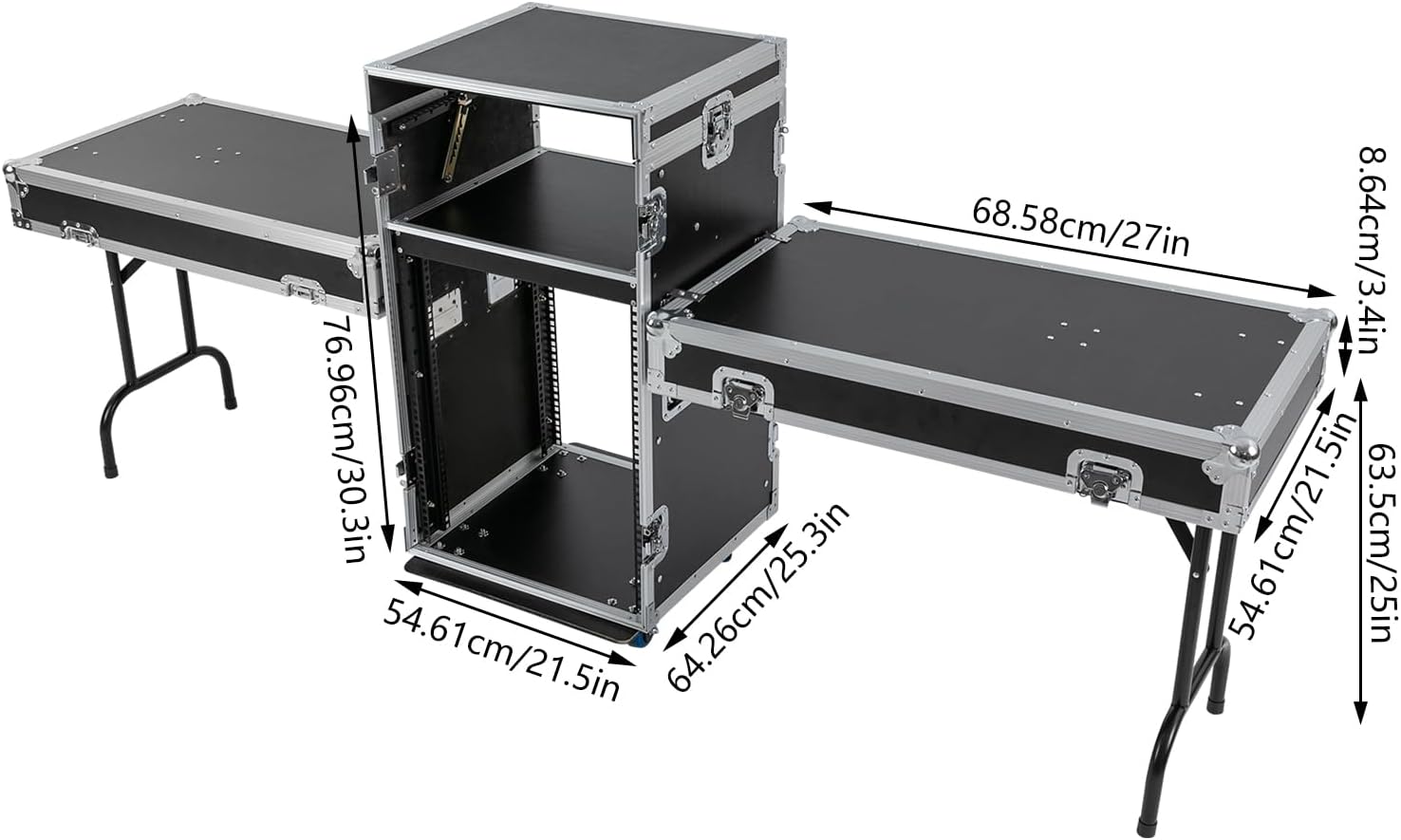 14U Mobile PA DJ Rack Road Case, Network & Stereo Rack with DJ Mixer Tops, Heavy-Duty 2-Tier Studio Equipment Cabinet with 4 Wheels, Amplifier Mixer Storage Stand for Live Sound, KTV, Home Theater