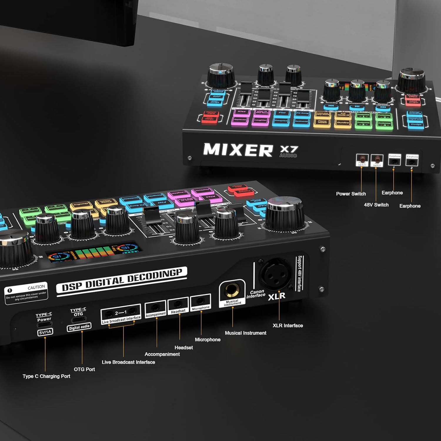 RHM X7 Podcast Equipment, Audio Mixer Interface with 48V Phantom Power & XLR Microphone Interface, 4 Voice Changing Modes, 16 Sound Effects, LCD Display, for PC/Phone/Streaming (TY01)