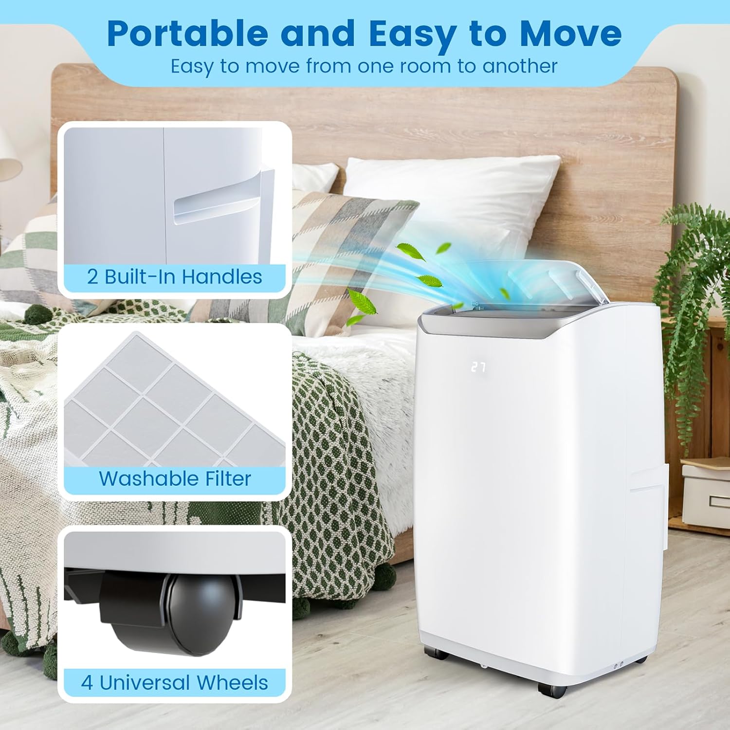 Acekool 12000 BTU Portable Air Conditioner, Portable AC for Room up to 550 Sq.Ft, 3-in-1 Functions/Digital Display/24 Hrs Timer/Caster Wheels with Remote Control for Home/Office/Dorms