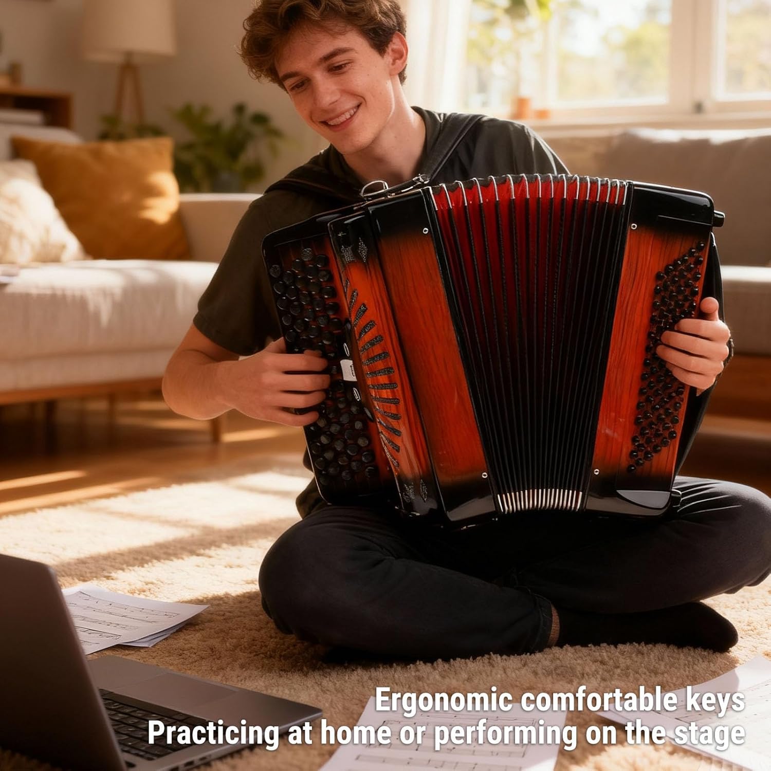 SUNGOOYUE Accordion, 69 Key 96 Bass Button Chromatic Accordion Instrument with F B E Tuning for for Children Beginners to Practice Orange